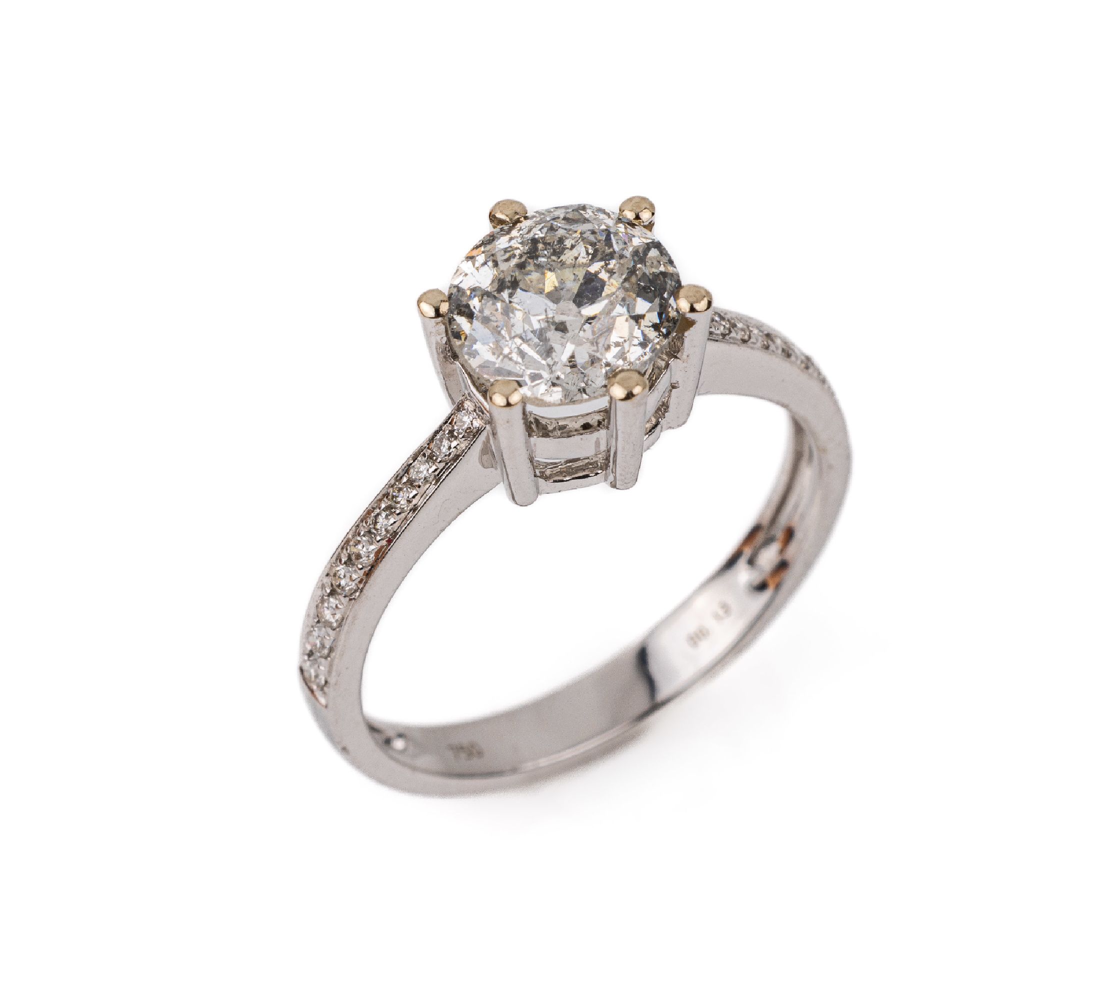 18 kt Gold Diamant-Ring, WG 750/000, mittig1 Altschliffdiamant ca. 1.66 ct Weiß-l.get. Weiß/p, 20 Brillanten zus. ca. 0.13 ct Weiß/si, RW 53, ca. ...
