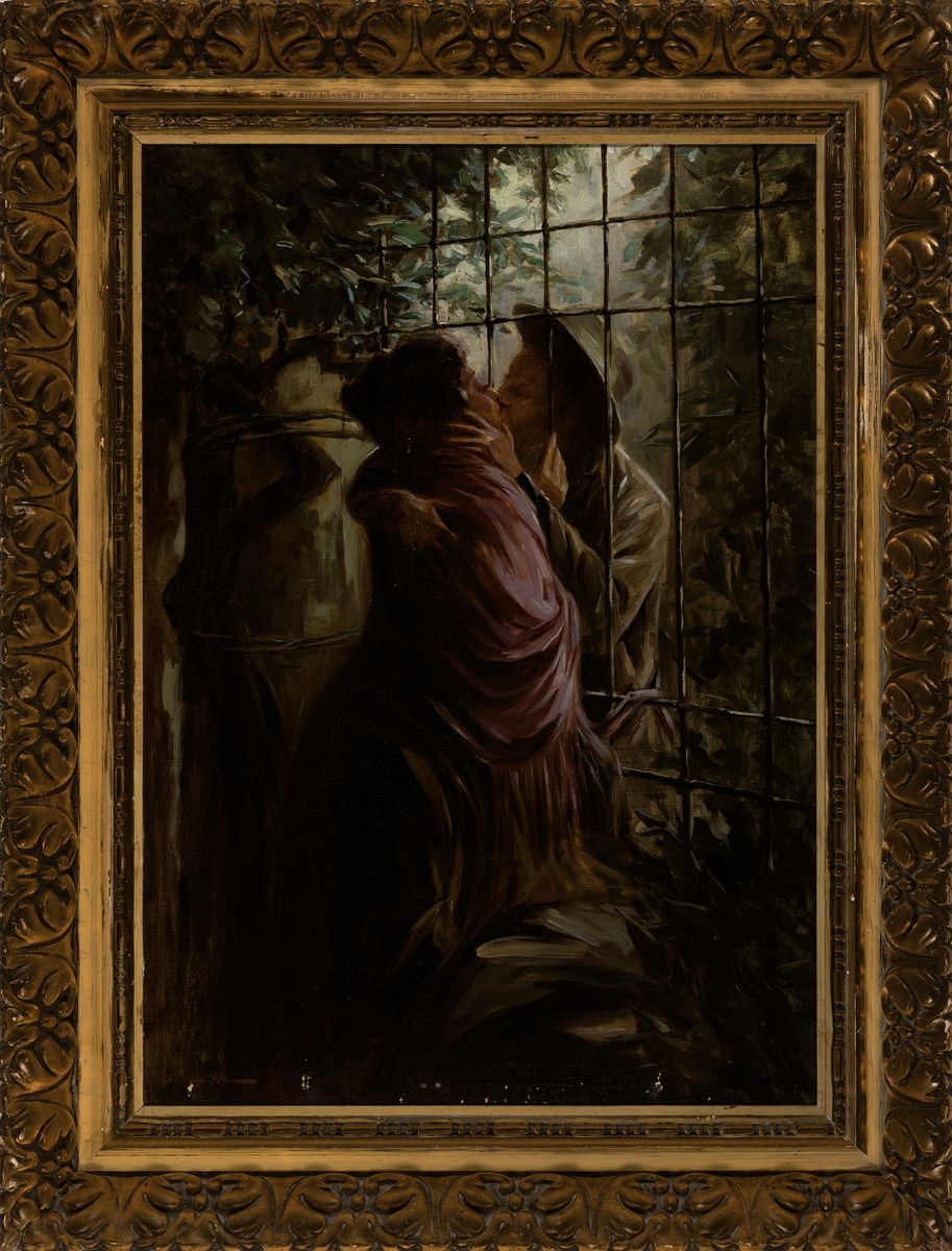 Detail k: Unbekannter Maler, deutsch, um 1910, Paar im Garten, sich durch ein Gitter hindurch küssend, Öl/Lwd, links unten unleserlich signiert, im unteren ...
