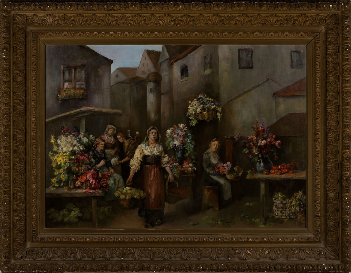 Detail k: Unbekannter Künstler des 19. Jh., Blumenmarkt vor Altstadtkulisse, Öl/Lwd, unsigniert, ca. 56.5x80cm, breiter Prunkrahmen