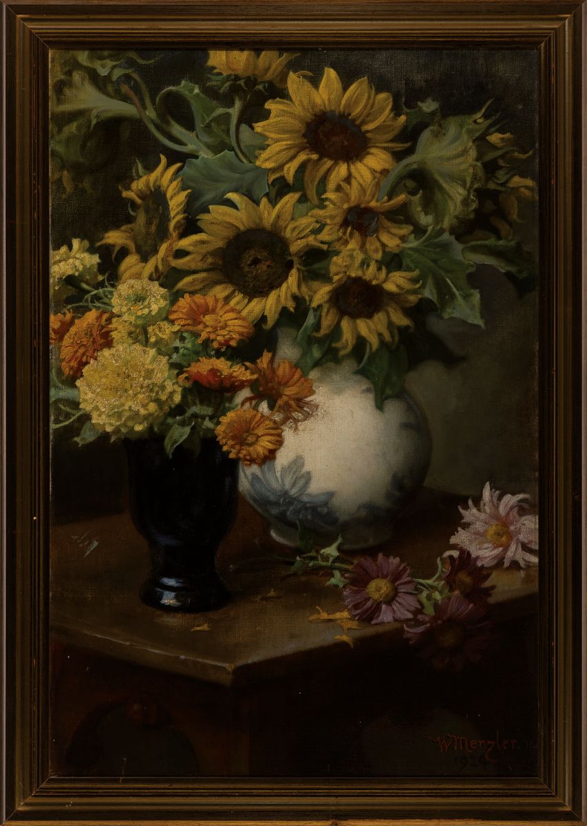 Detail k: Wilhelm Menzler, 1846 Kassel - 1926 München, Stillleben mit Sommerblumen, Öl/Lwd, signiert und dat. 1924, ca. 72 x 48 cm, Rahmen, l. Altersspuren