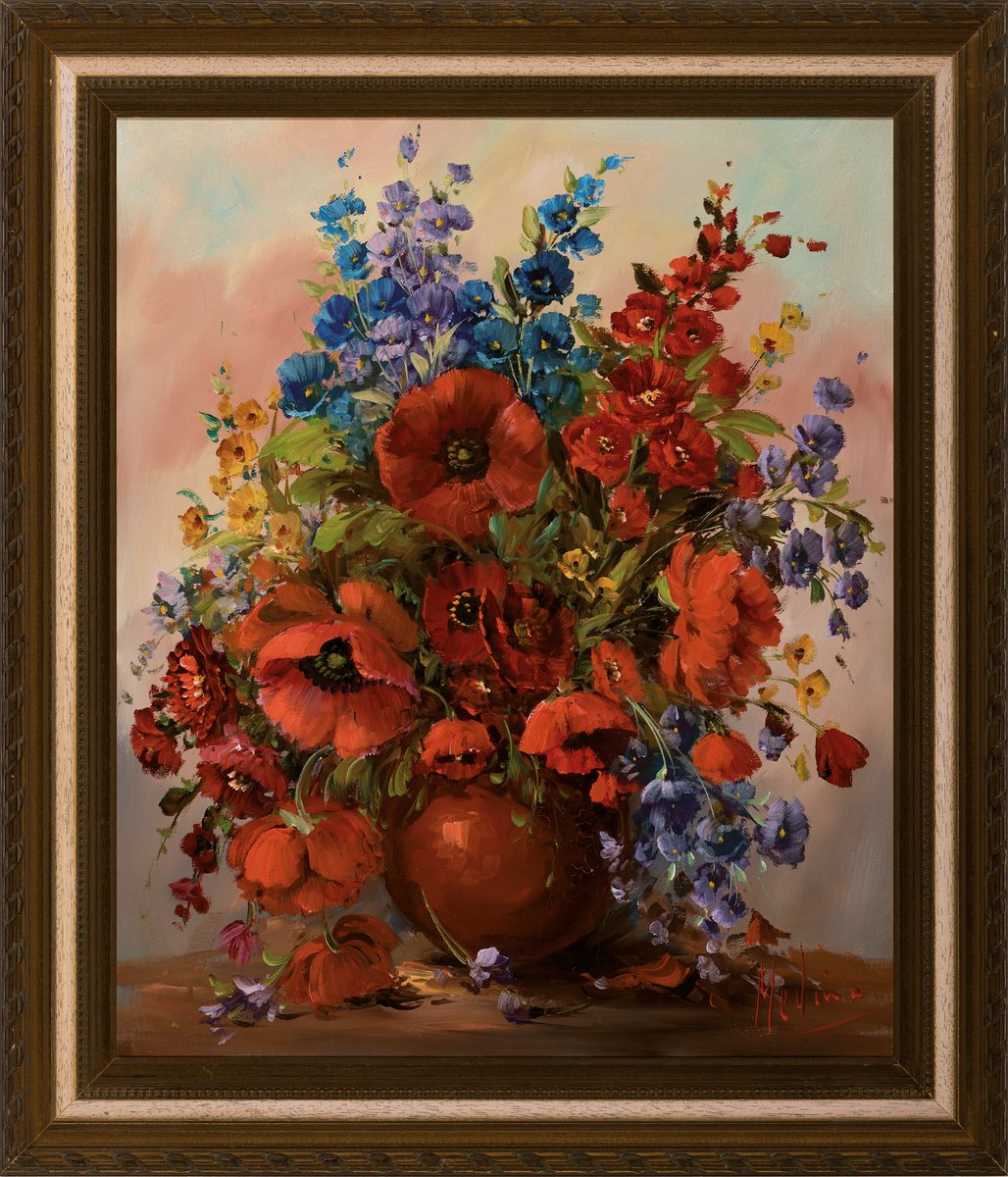 Detail k: Ludika Medina, Studium in Breslau und Italien, Blumenstillleben, Öl/Lwd, signiert, 60 x 50cm, Rahmen