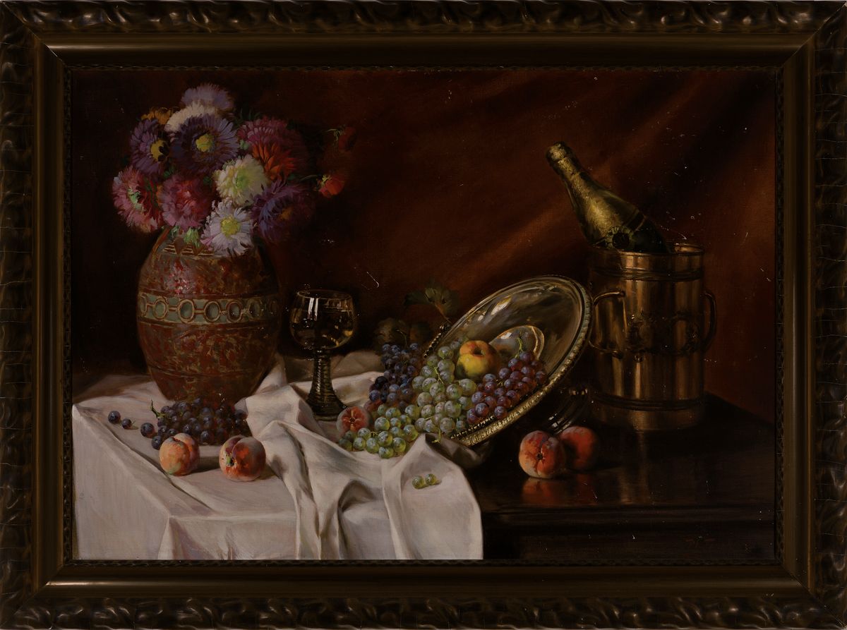 Detail k: Philipp Frank, 1871-1951 Landau, Stillleben mit Blumen und Obst, Öl/Lwd, rechts unten signiert, ca. 70x98cm, Rahmen, kleinere Oberflächenschäden