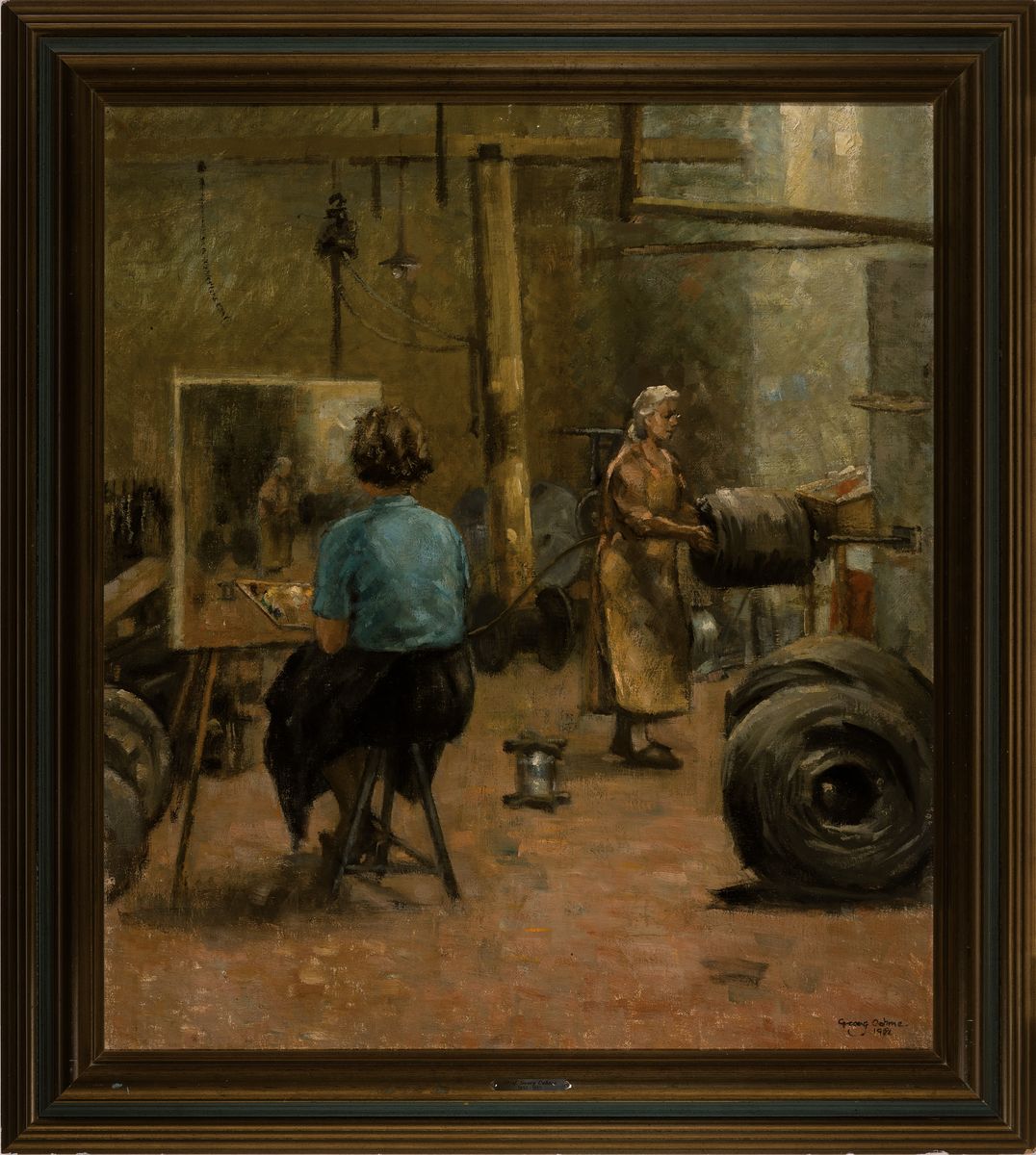 Detail k: Georg Oehme, 1890 Dresden-1955, Studium an der Akademie Dresden als Schüler von Richard Müller, hier: Malerin in der Fabrik beim Porträtieren ...