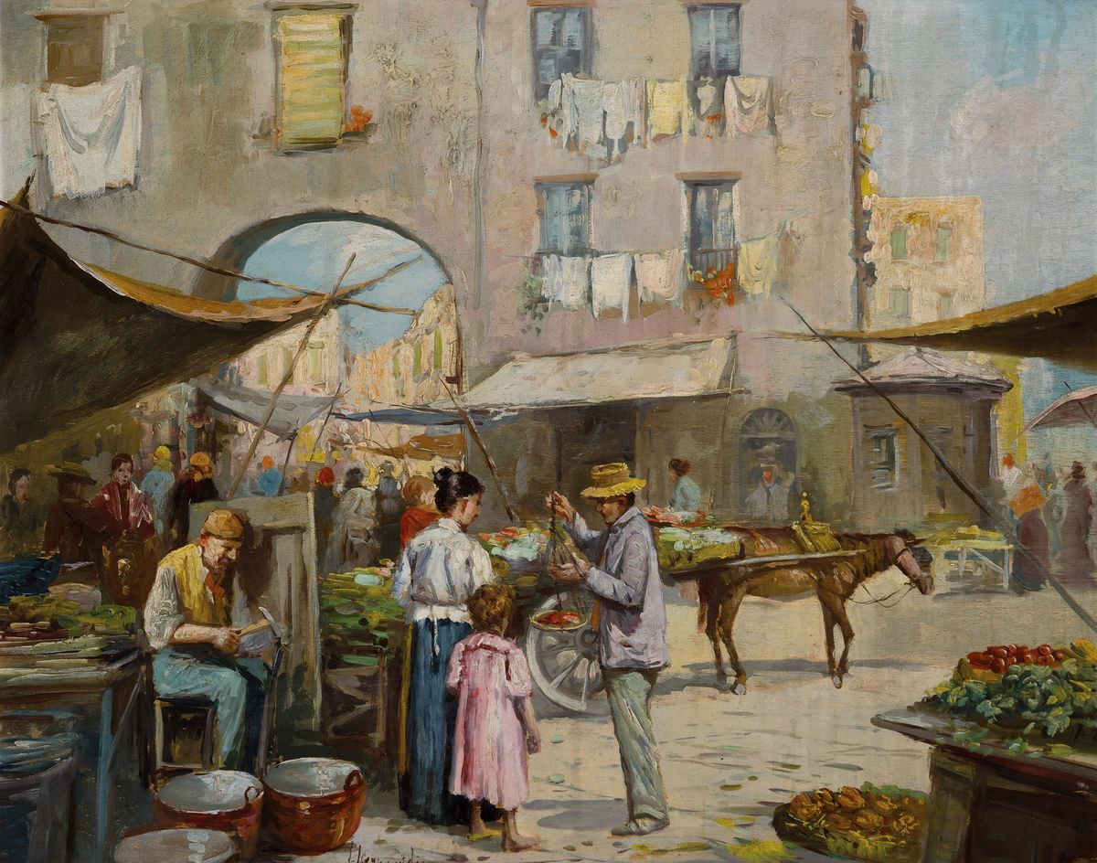 Giovanni Scognamiglio, 20. Jh., hier: Markt in Neapel, intime Darstellung des Marktlebens mit Handwerk und Verkauf, feine Alla-prima Malerei z.T. ...