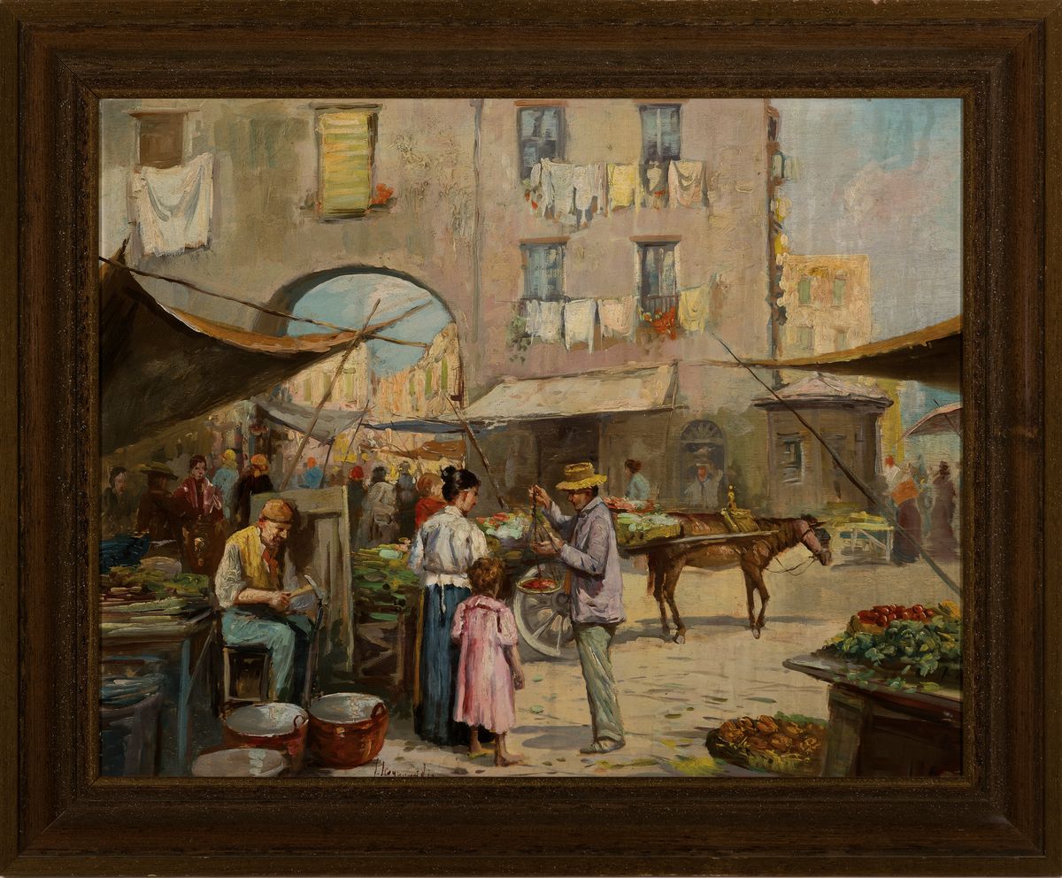 Detail k: Giovanni Scognamiglio, 20. Jh., hier: Markt in Neapel, intime Darstellung des Marktlebens mit Handwerk und Verkauf, feine Alla-prima Malerei z.T. ...