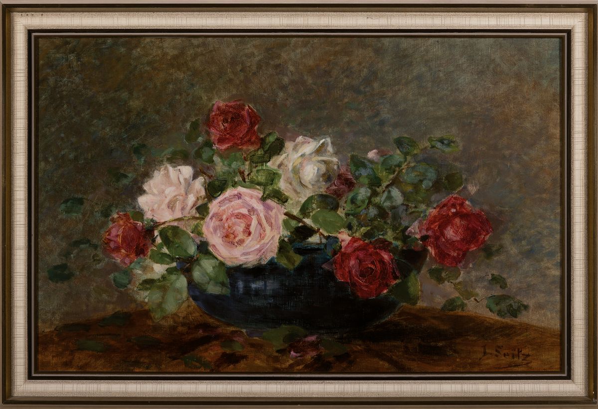 Detail k: Justine Seitz-Zeller, 1856 Thun- 1921, Studium in Basel, Bern und Genf, hier: Stillleben mit Rosen, Öl/Lwd/Hartfaser, rechts unten signiert, ca. ...
