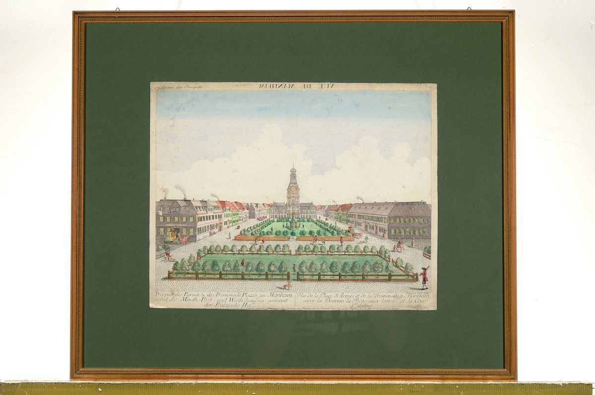 Detail k: Guckkastenbild, datiert 1779, Ansicht des Paradeplatz zu Mannheim, Kupferstich, "Prospect des Parade und des Promenade Plazes zu Manheim nebst ...