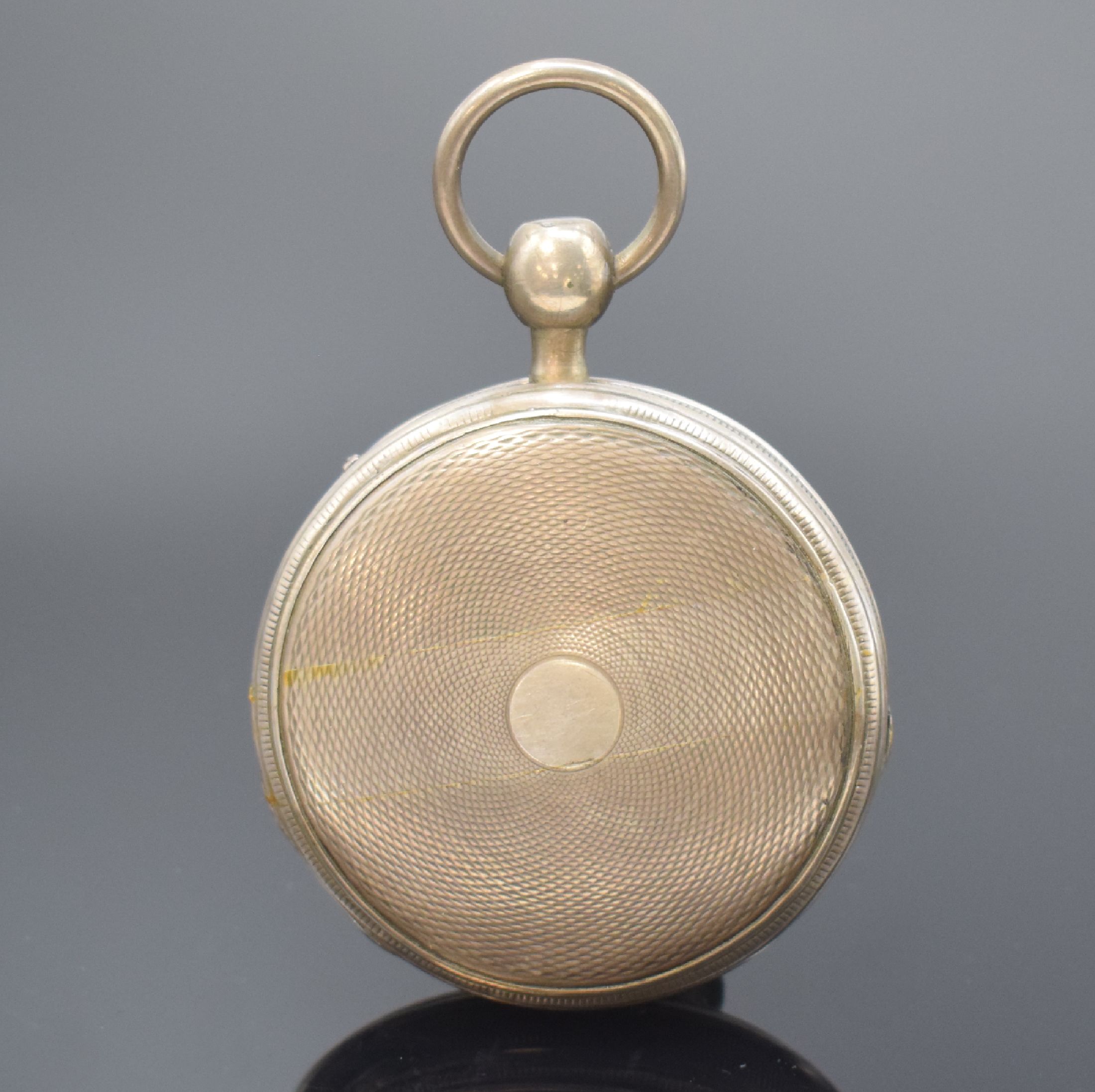 Detail b: ROMILLY et Comp. Spindeltaschenuhr mit 1/4 Stunden-Repetition und Jacquemart in Silber, Schweiz um 1820, guill. Geh., Rep.-Auslösung über Druck auf ...