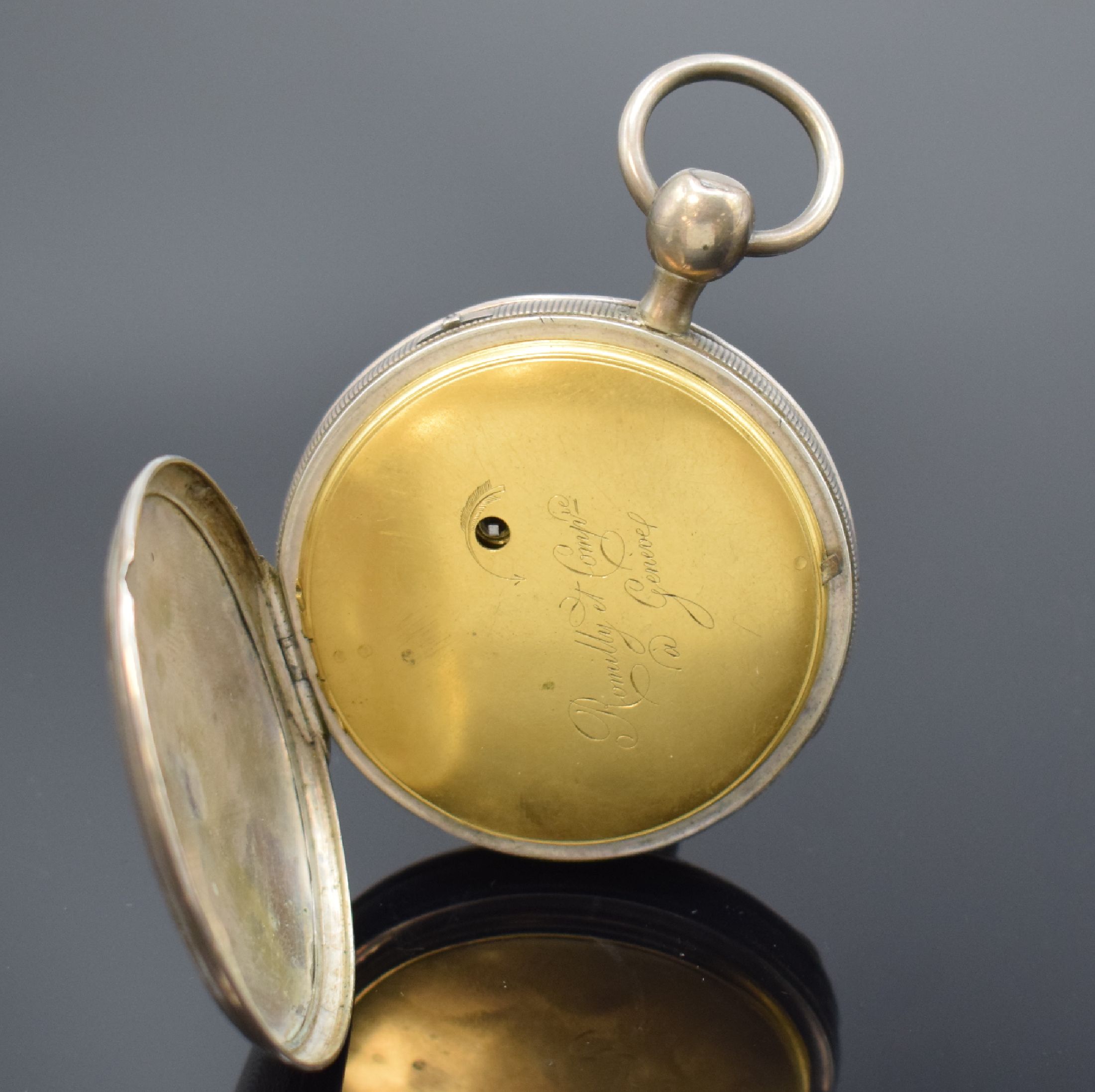 Detail d: ROMILLY et Comp. Spindeltaschenuhr mit 1/4 Stunden-Repetition und Jacquemart in Silber, Schweiz um 1820, guill. Geh., Rep.-Auslösung über Druck auf ...