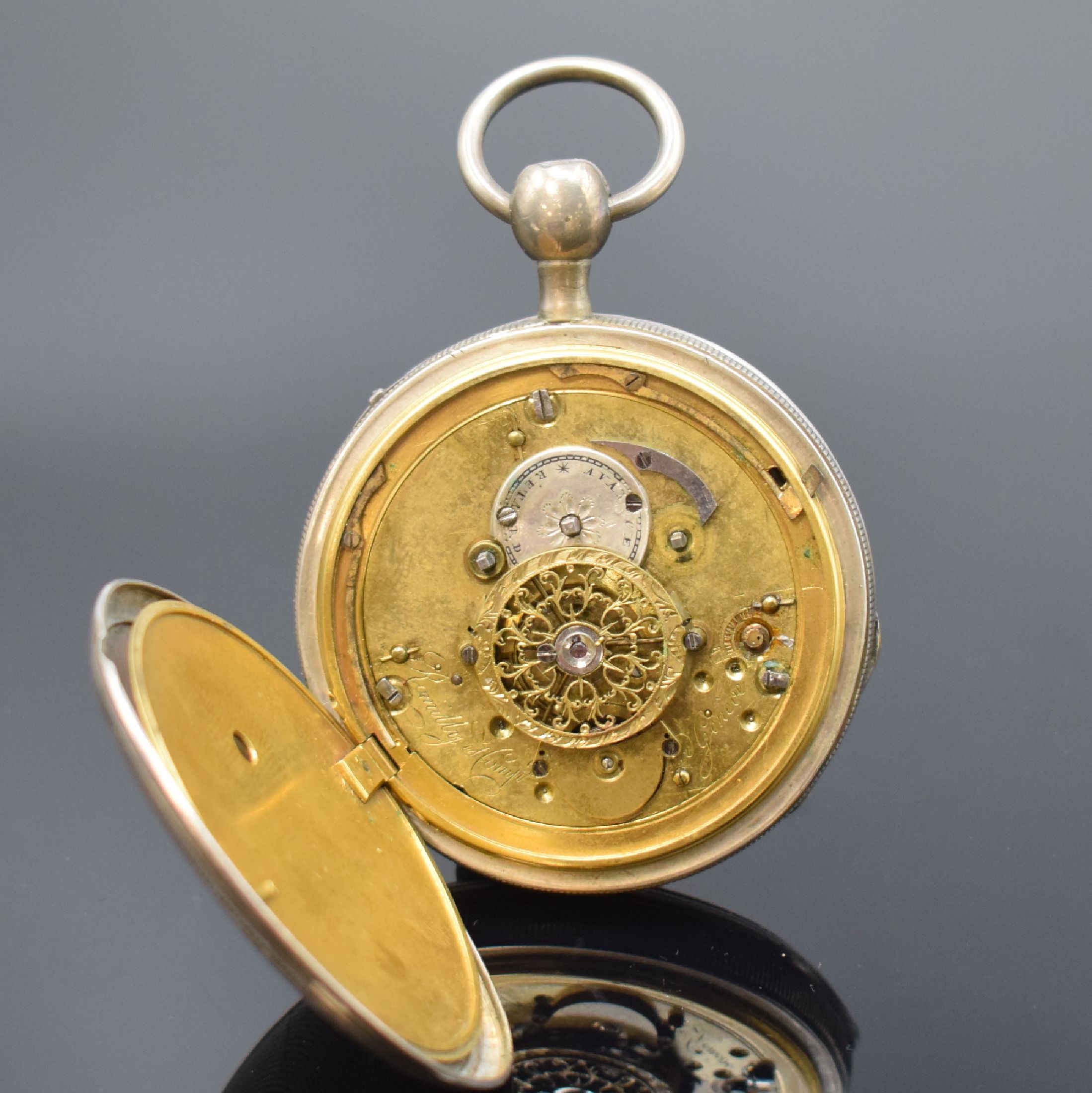 Detail f: ROMILLY et Comp. Spindeltaschenuhr mit 1/4 Stunden-Repetition und Jacquemart in Silber, Schweiz um 1820, guill. Geh., Rep.-Auslösung über Druck auf ...