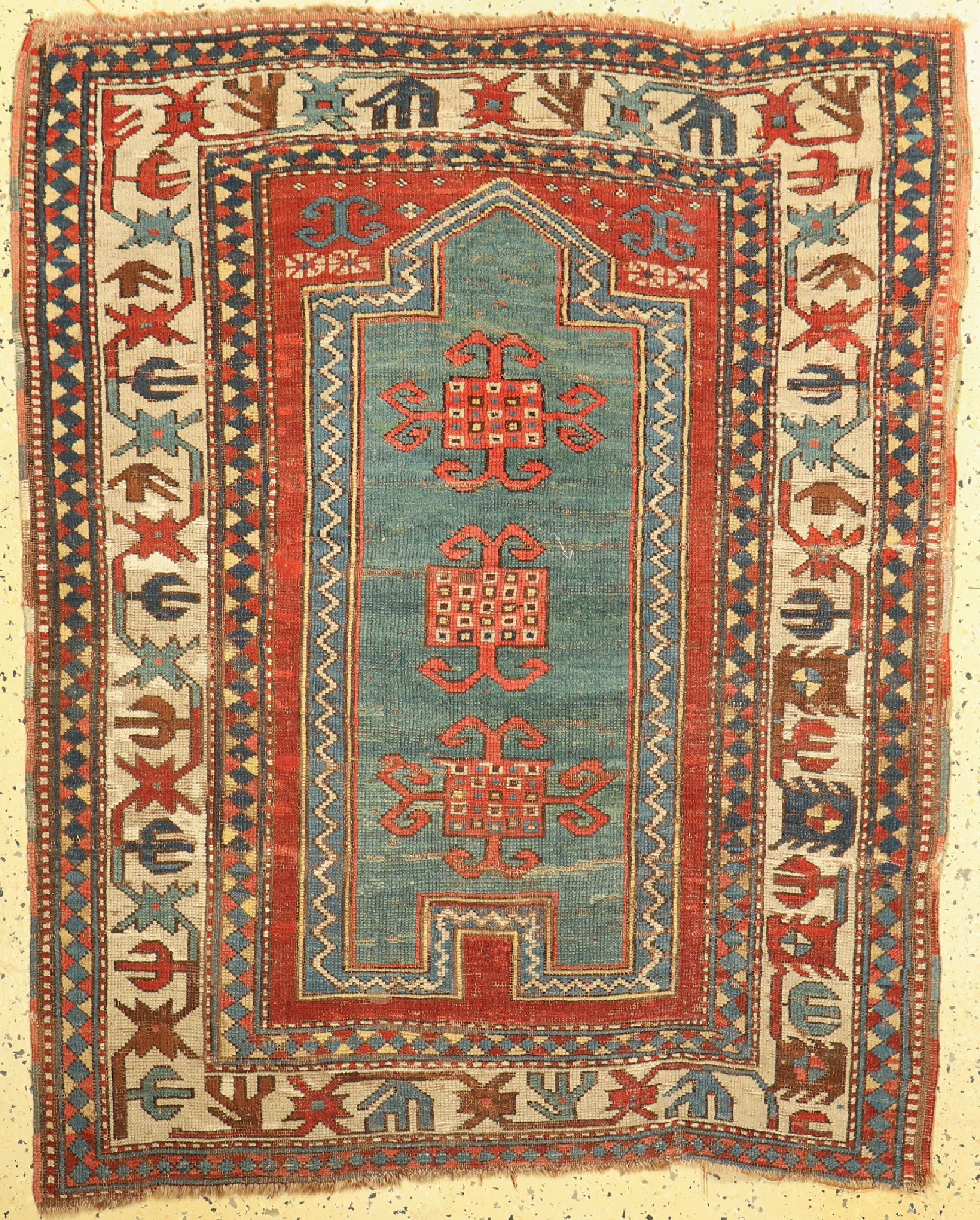 Fachalo Gebetsteppich antik, Kaukasus, 19.Jhd, Wolle auf Wolle, ca. 145 x 118 cm, alte Restaurierungen, EHZ: 3-4