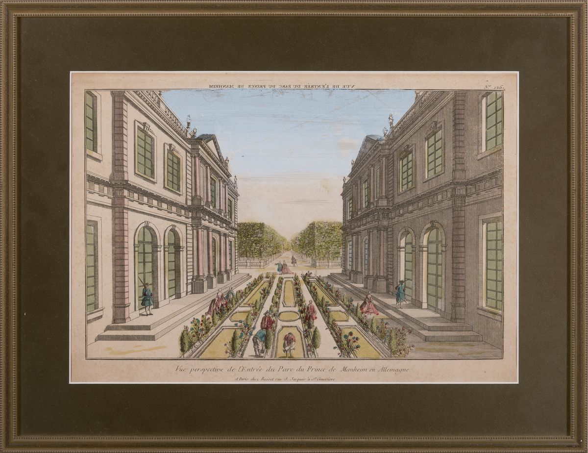 Detail k: Guckkastenbild, Ansicht des Mannheimer Schlosses mit Blick in den ehemaligen Schlossgarten, Paris, Basset um 1780, "Vue perspective de ...