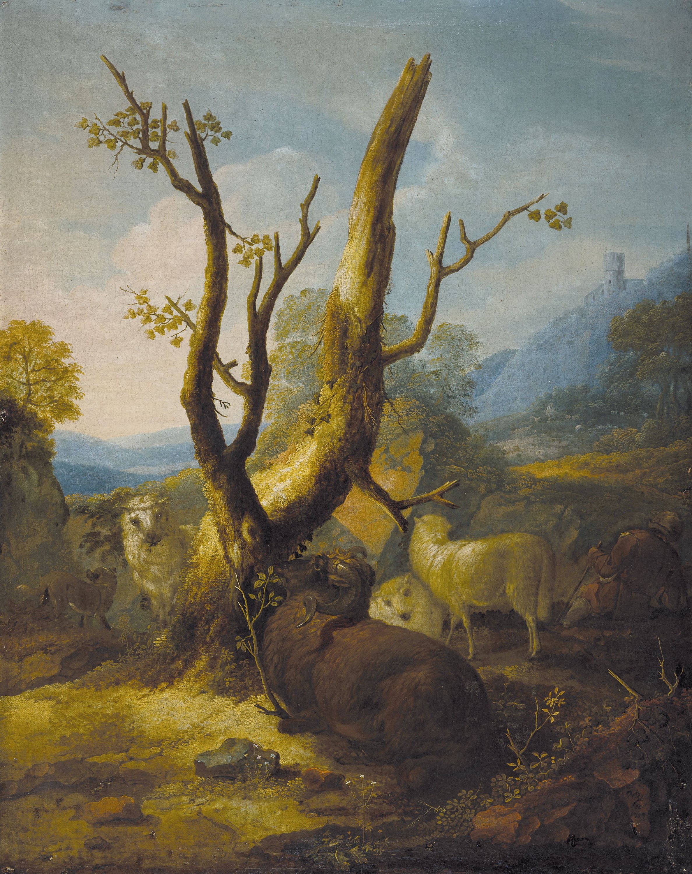 Detail k: Zuschreibung: Philipp Peter Roos, genannt Rosa da Tivoli, 1657 St. Goar-1706 Tivoli bei Rom, Schafe unter einer Baumruine, im Hintergrund ideale ...