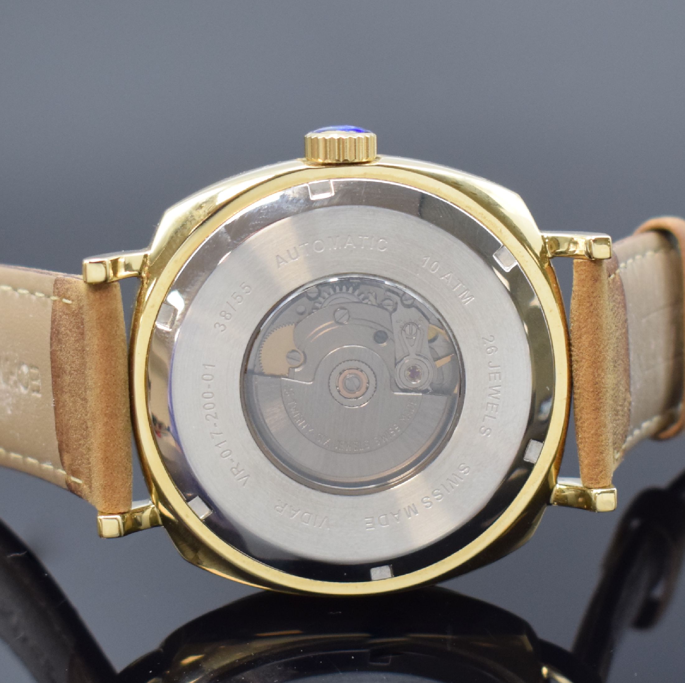 Detail d: VIDAR auf 55 Stück limitierte Herrenarmbanduhr Sidney Edition Referenz VR 017-200-01, Automatik, vergoldetes, kissenförmiges Edelstahlgeh. inkl. ...