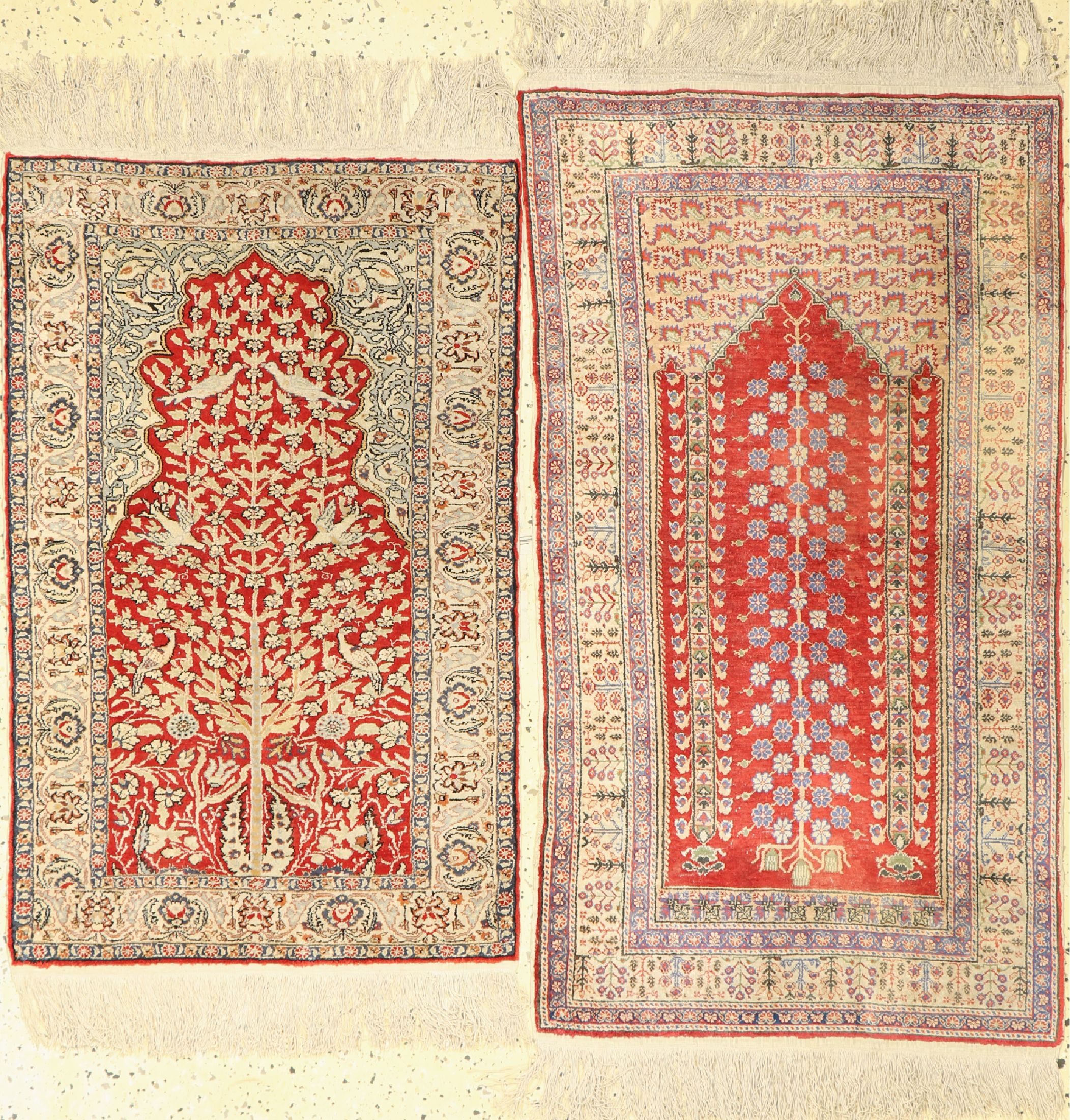 2 lots Kayseri, Türkei, ca. 50 Jahre, reine Naturseide, ca. 110 x 62 cm (EHZ 2-3), ca. 94 x 59 cm, (EHZ 1-2)