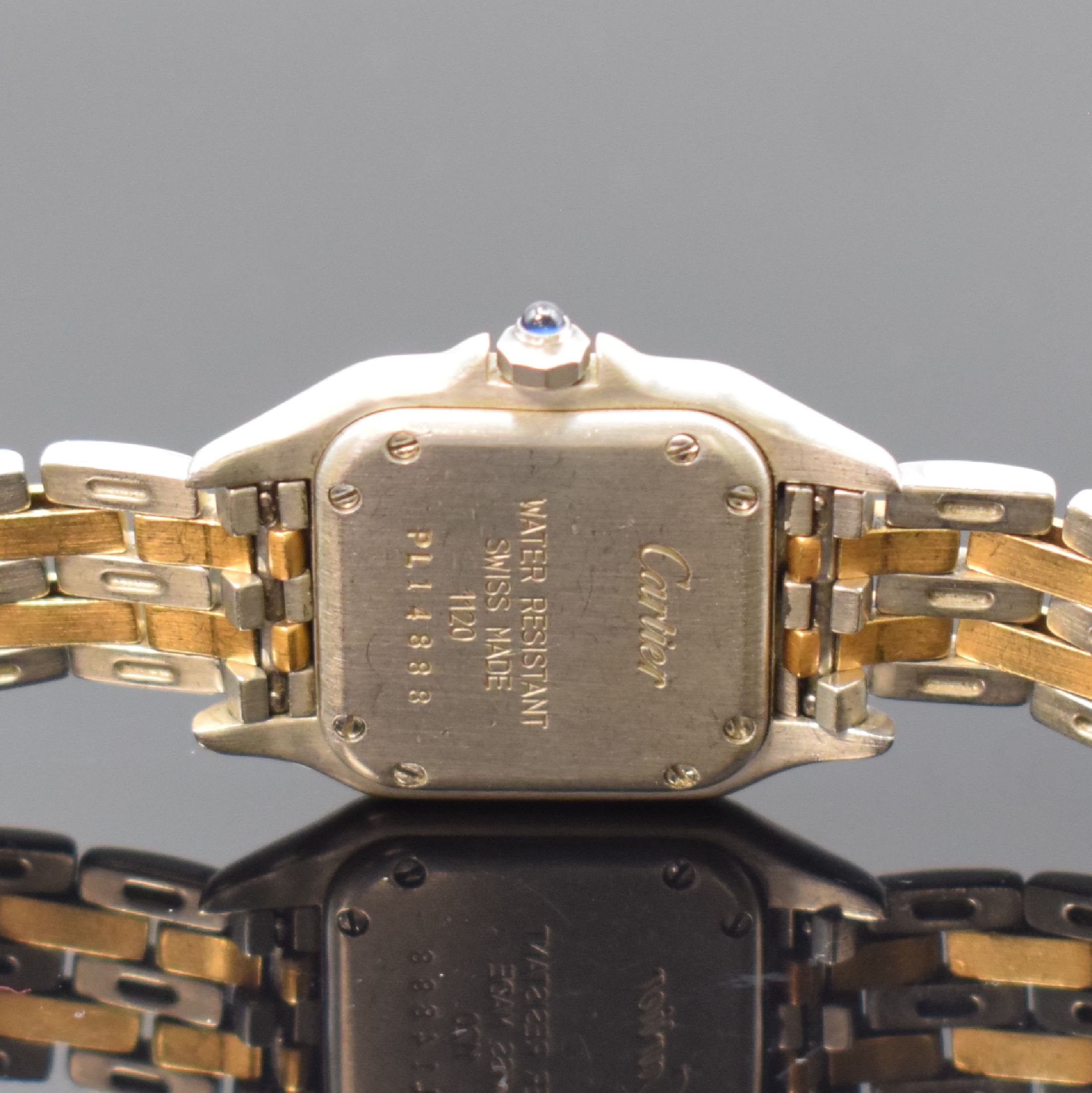 Detail d: CARTIER Panthere Damenarmbanduhr in Stahl/Gold Referenz 1120, Schweiz um 1990, quarz, Boden 8-fach verschr., Schmuckkrone, orig. Gliederband m. dopp. ...