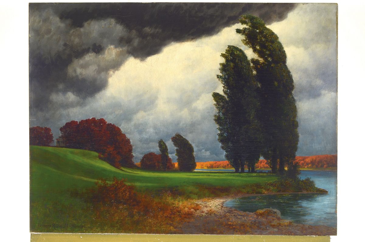 Detail k: Hermann Traugott Rüdisühli, 1864 Lenzburg/Schweiz - 1944 München, Studium an der Akademie Karlsruhe, hier: herbstliche Stimmungslandschaft im ...