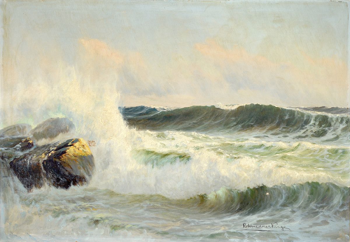 Ungedeuteter Künstler des frühen 20.Jh., maritime Landschaft, Brandung an der Küste, signiert, Lwd-Schaden u. rest., Rahmen 81x110 cm