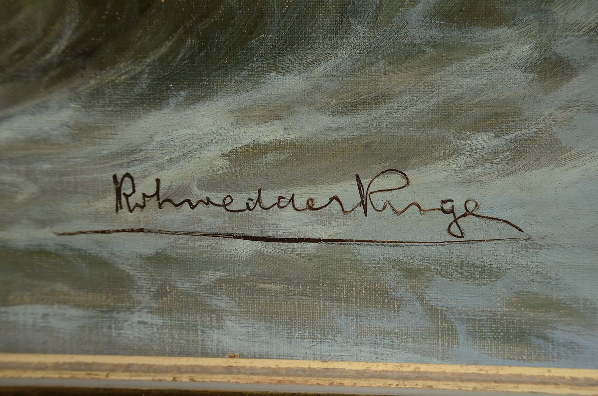 Detail a: Ungedeuteter Künstler des frühen 20.Jh., maritime Landschaft, Brandung an der Küste, signiert, Lwd-Schaden u. rest., Rahmen 81x110 cm