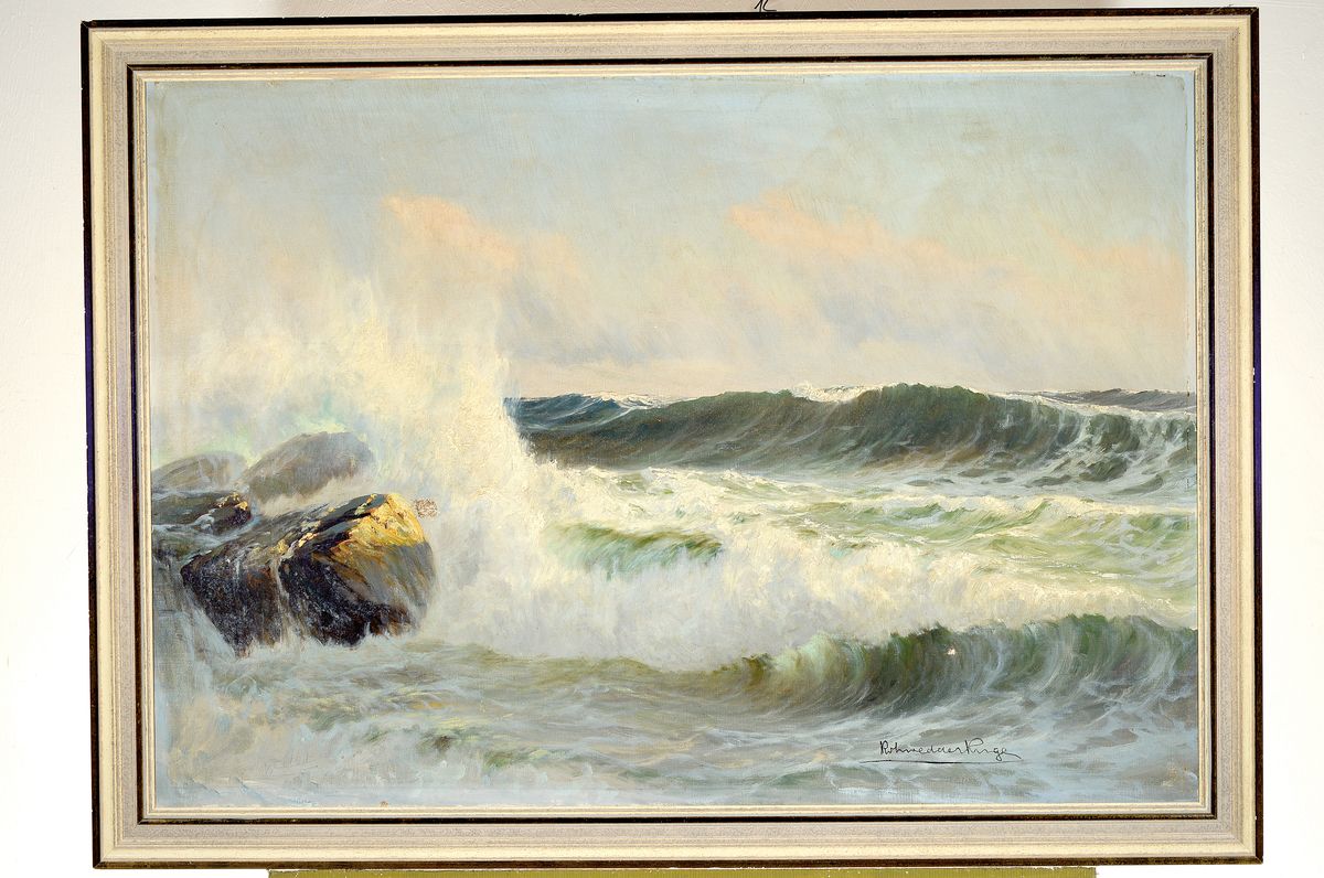 Detail k: Ungedeuteter Künstler des frühen 20.Jh., maritime Landschaft, Brandung an der Küste, signiert, Lwd-Schaden u. rest., Rahmen 81x110 cm