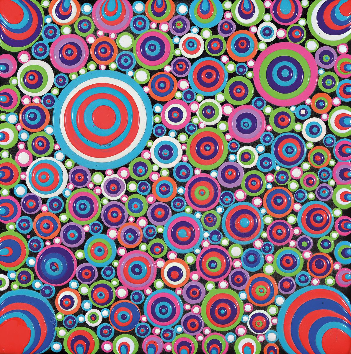 Detail b: Michael Beck, 1960-2022, 3 Werke, vielfarbige konzentrische Kreise, Kanten mit Farbverläufen, Acryl/Holz, unsigniert, Oberfläche z.T. bestoßen, he ...