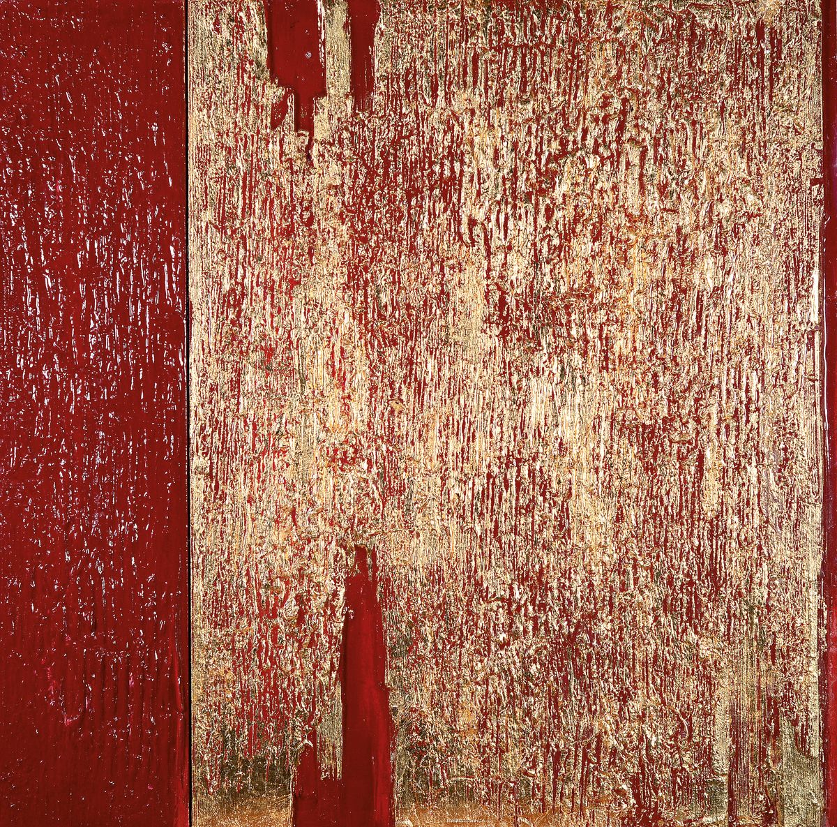 Michael Beck, 1960-2022, abstrakte Komposition, Lack und Blattgold auf Holz, unsigniert, 80x80 cm