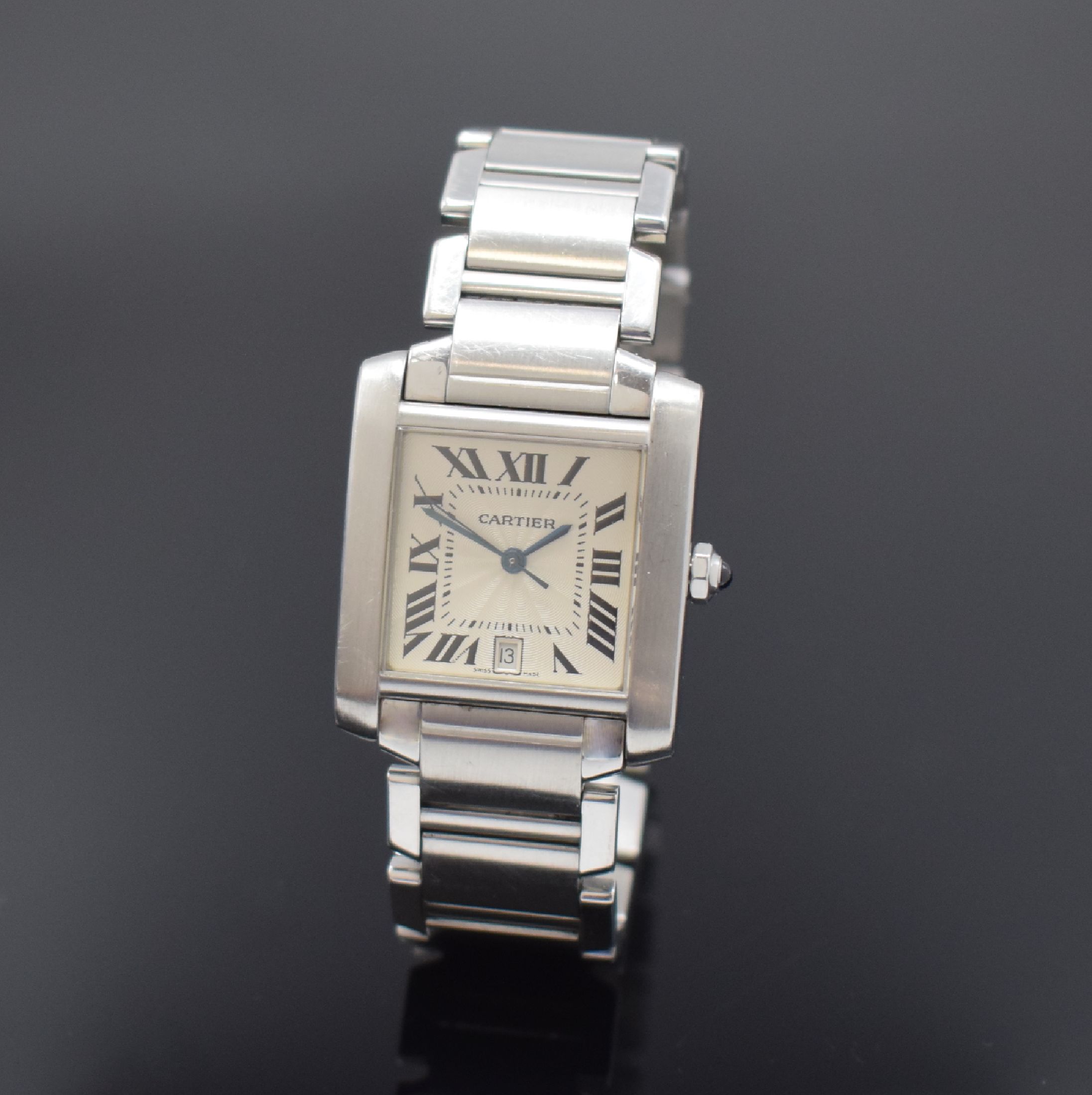 CARTIER Tank Francaise Armbanduhr Referenz 2302, Schweiz um 2000, Automatik, Edelstahlgeh. inkl. Gliederband m. dopp. Faltschl., Boden 4-fach ...