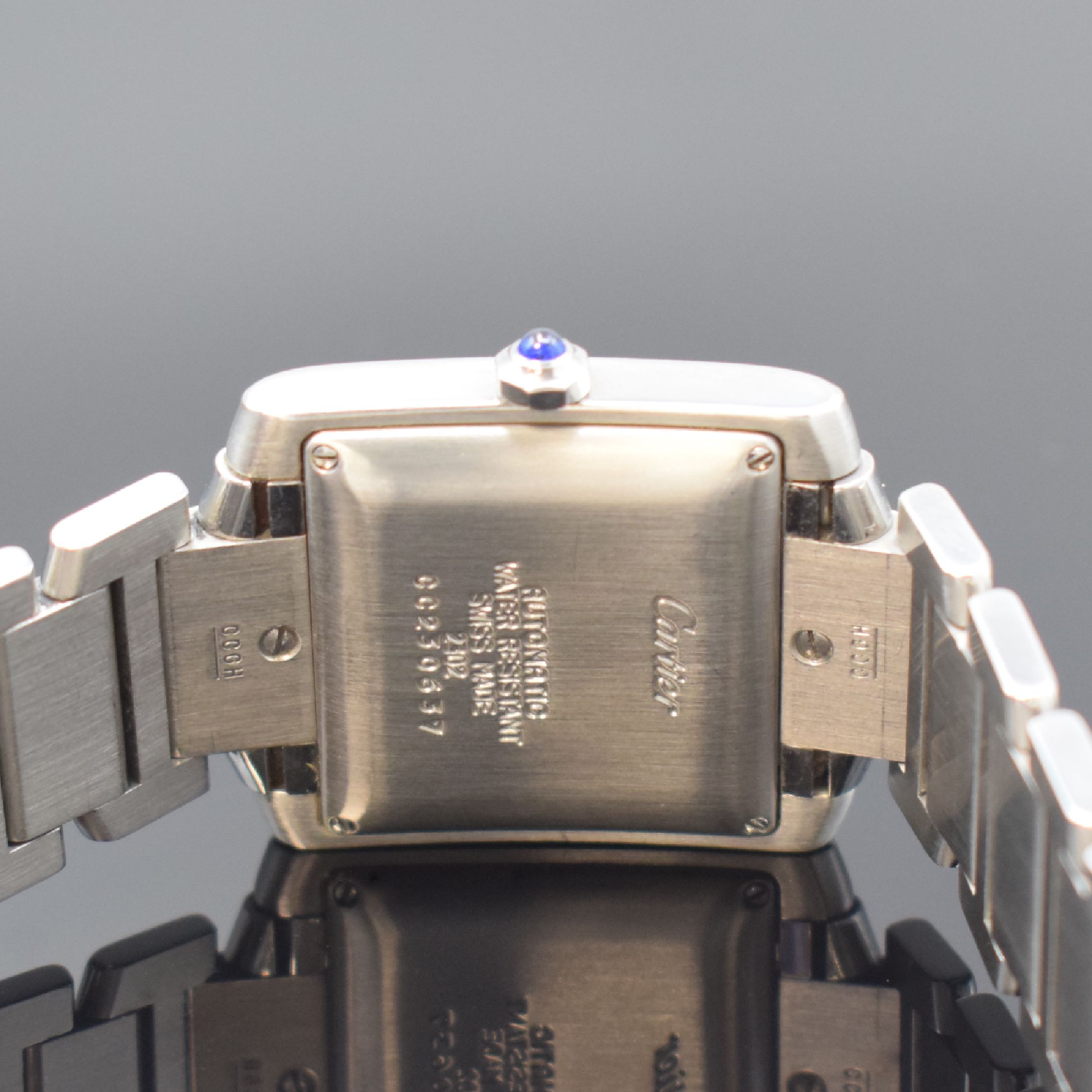 Detail d: CARTIER Tank Francaise Armbanduhr Referenz 2302, Schweiz um 2000, Automatik, Edelstahlgeh. inkl. Gliederband m. dopp. Faltschl., Boden 4-fach ...
