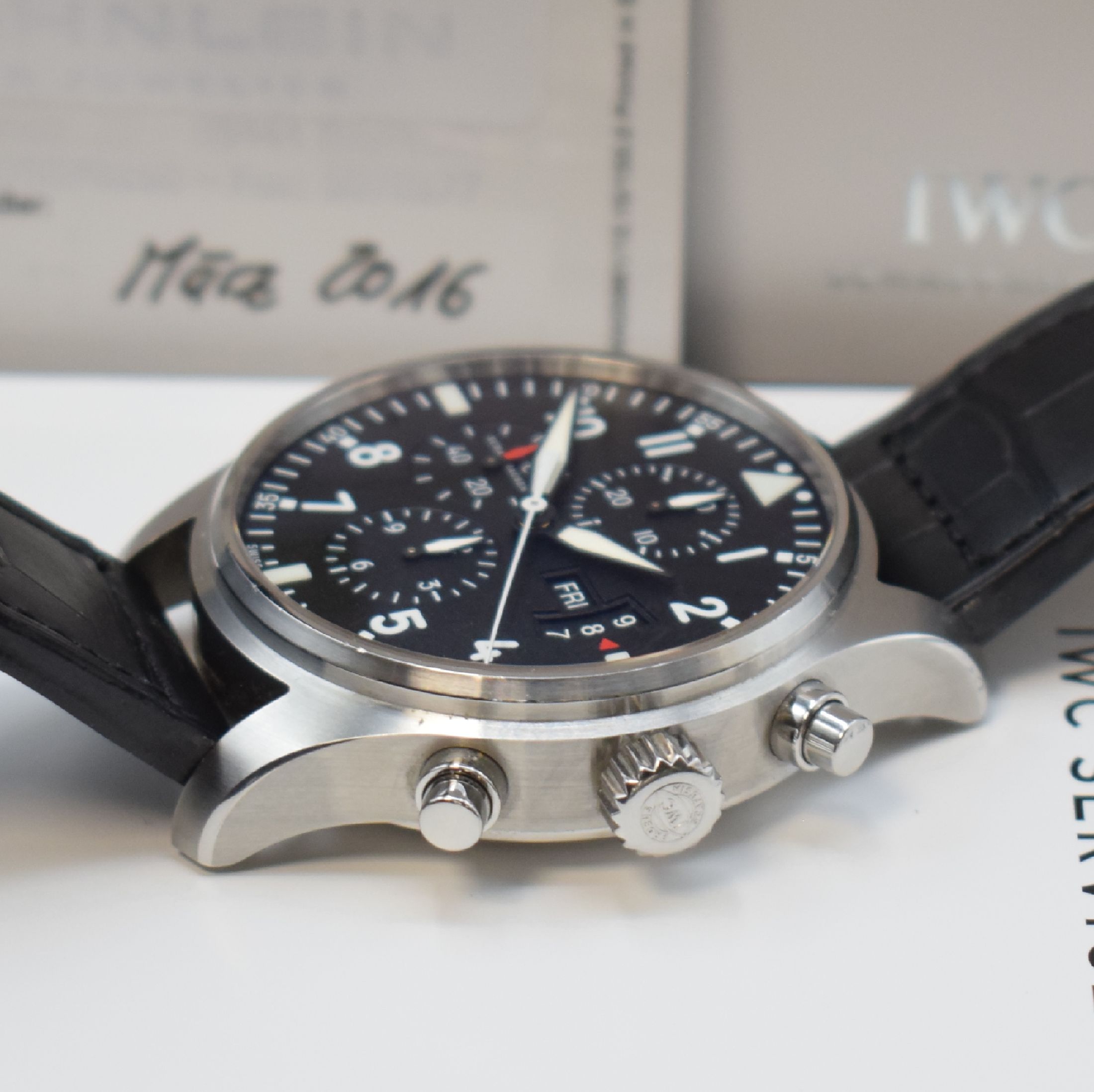 Detail c: IWC Armbandchronograph "Fliegeruhr" Referenz IW377701, Automatik, Edelstahlgeh. inkl. orig. Lederband m. orig. Dornschl., Boden und Krone ...