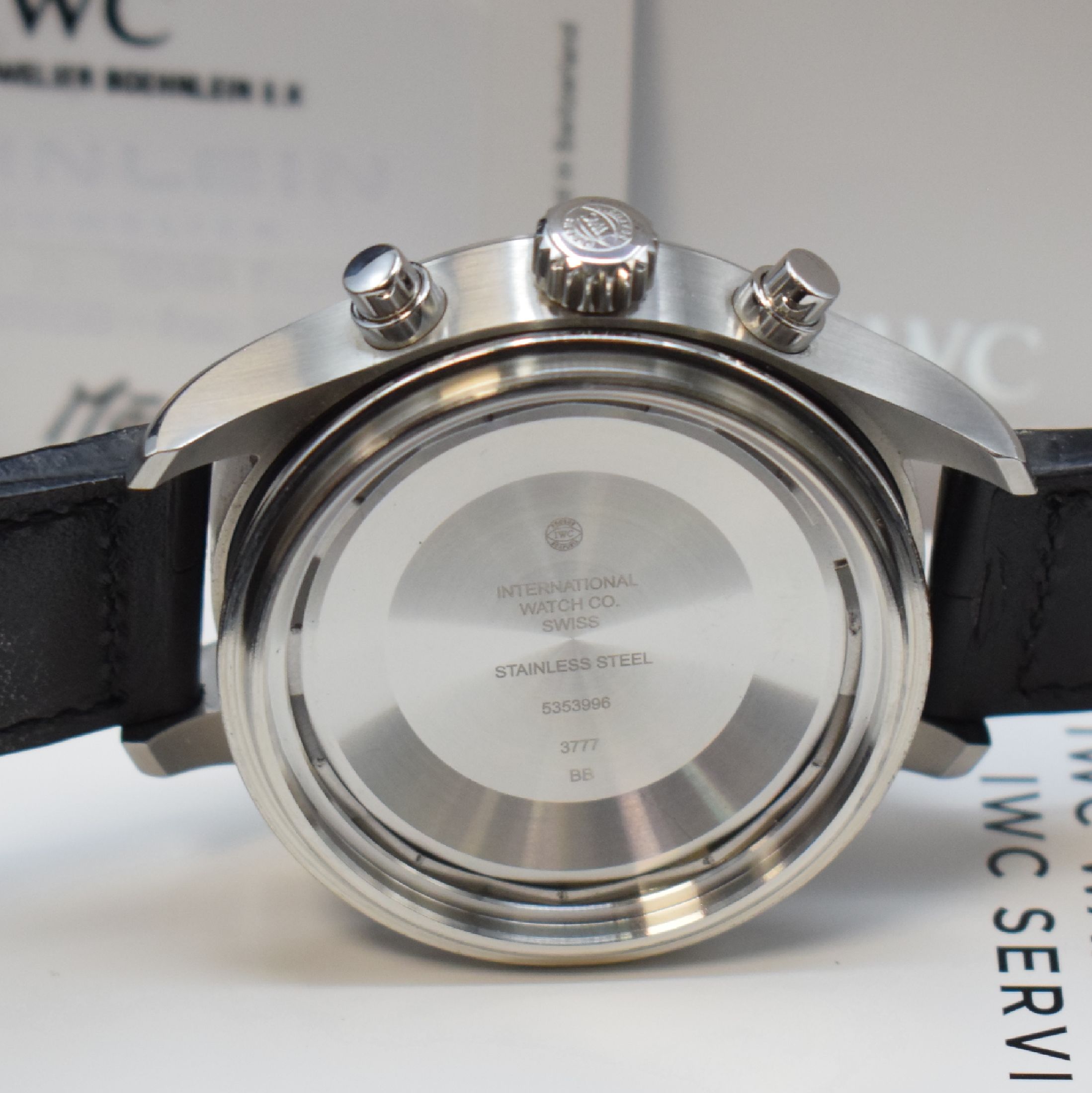 Detail g: IWC Armbandchronograph "Fliegeruhr" Referenz IW377701, Automatik, Edelstahlgeh. inkl. orig. Lederband m. orig. Dornschl., Boden und Krone ...