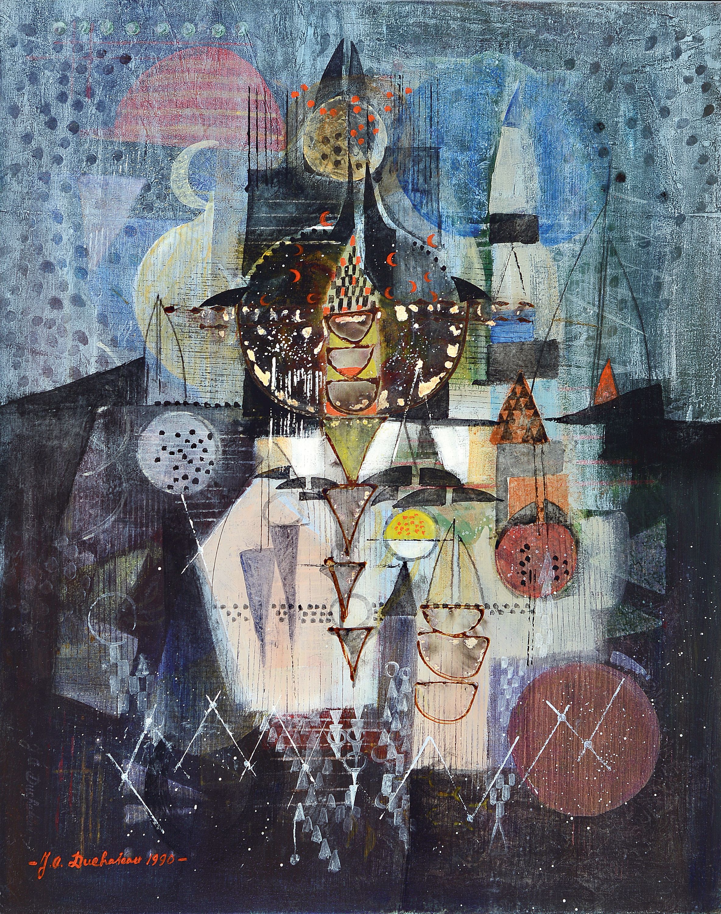 J.A. Duchateau, 1917-1996, Ohne Titel, abstrakte Komposition, Öl/Lwd, links unten signiert und dat. 1990, ca. 100x80cm, aufwändig dazu gefertigter ...