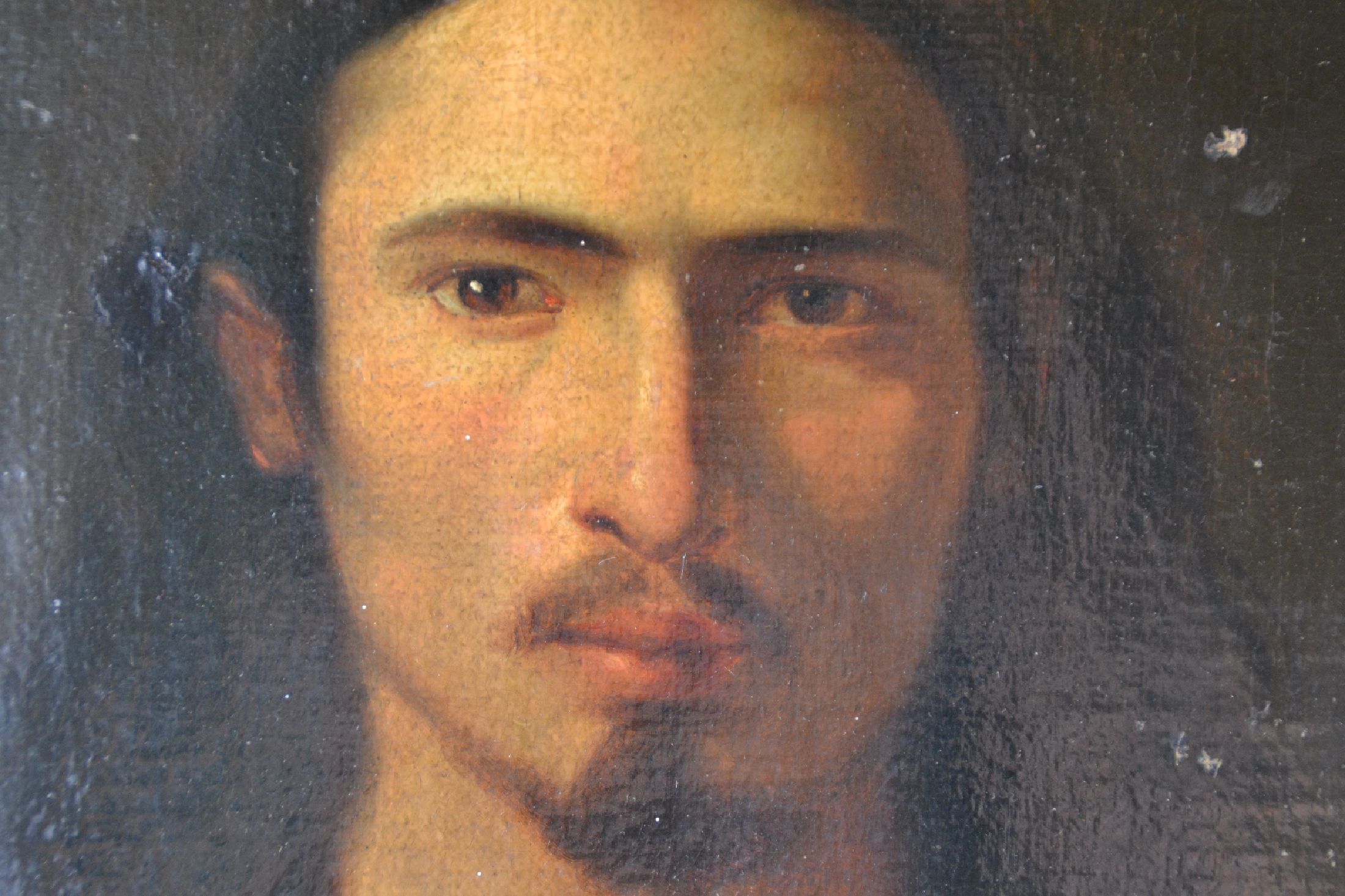 Detail c: Unbekannter Künstler, um 1850, sog. Nazarener, En-face Porträt eines Mannes mit typisch langem mittelgescheiteltem Haar und Bart in nobler Blässe, ...