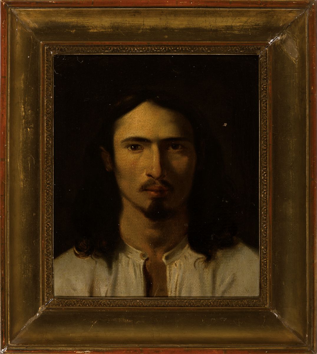 Detail k: Unbekannter Künstler, um 1850, sog. Nazarener, En-face Porträt eines Mannes mit typisch langem mittelgescheiteltem Haar und Bart in nobler Blässe, ...