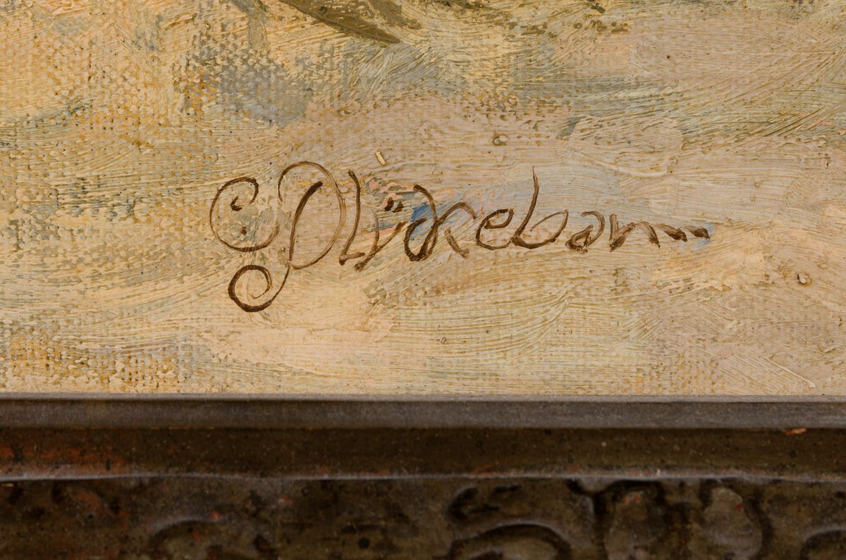 Detail a: Carl Plückebaum, 1880 Düsseldorf-1952, Studium an der Akademie Düsseldorf bei Jensen und Gebhardt, hier: Jäger im verschneiten Winterwald, ...