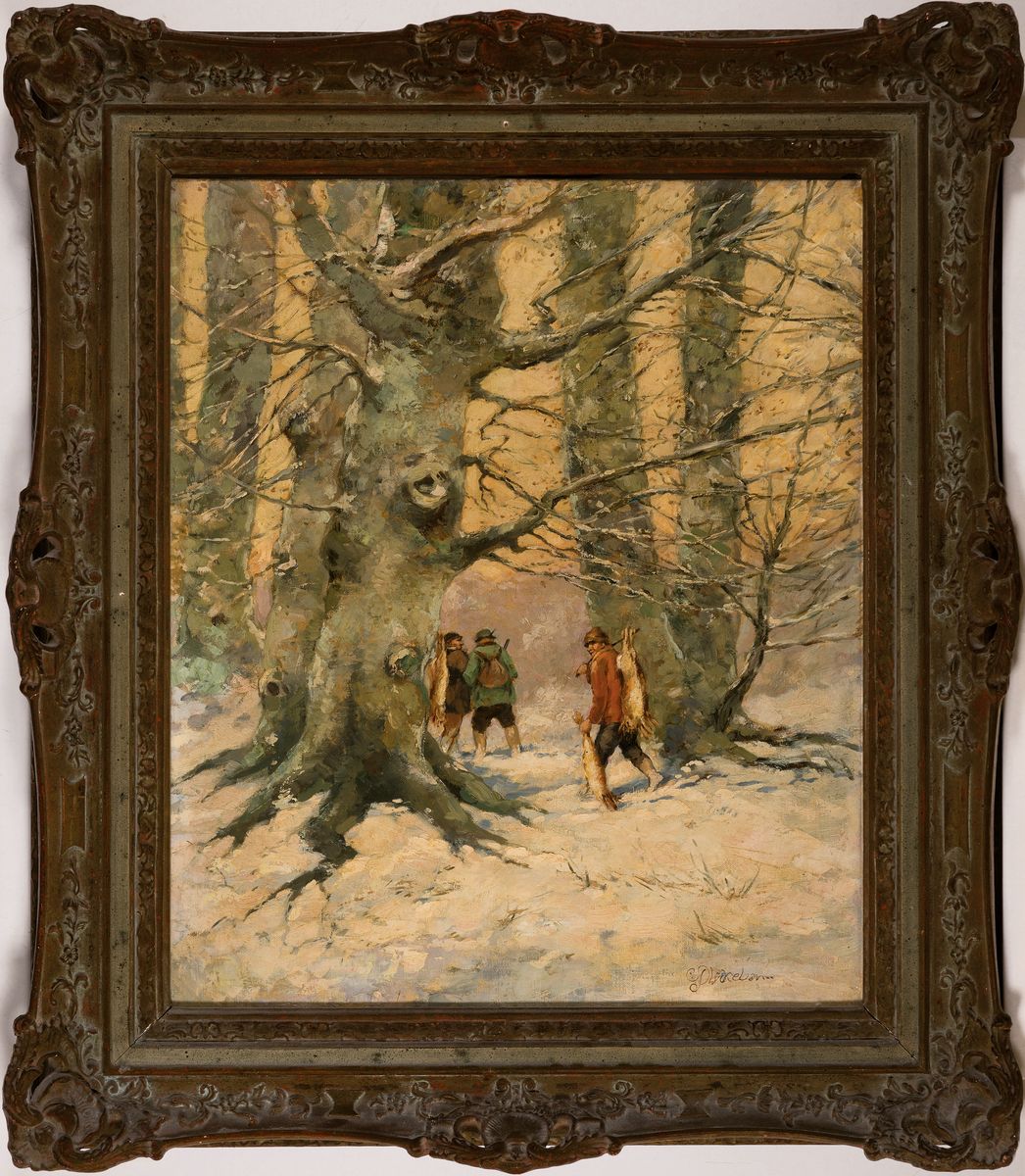 Detail k: Carl Plückebaum, 1880 Düsseldorf-1952, Studium an der Akademie Düsseldorf bei Jensen und Gebhardt, hier: Jäger im verschneiten Winterwald, ...