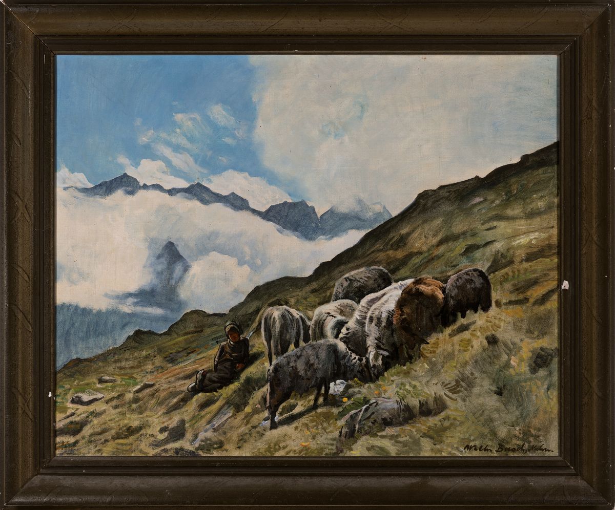 Detail k: Walter Busch, 1898 Leipzig-1980 München, Hirte mit Schafen im Hochgebirge, Öl/Lwd, rechts unten signiert, ca. 60x75cm, R. ca. 74x89cm