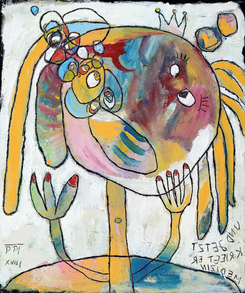 Peter Padubrin-Thomys, geb. 1968 Halle /Saale , "Und jetzt kriegt er Medizin", datiert (20)18. monogrammiert, Öl/Lwd, 60x50 cm