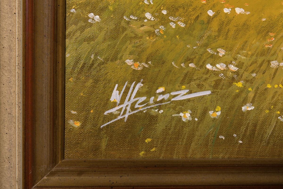 Detail a: Wolfgang Heinz, 1930-2014, Studium an den Kunstschulen München und Darmstadt, "Getreideernte" so verso bez., Öl/Lwd, links unten ...