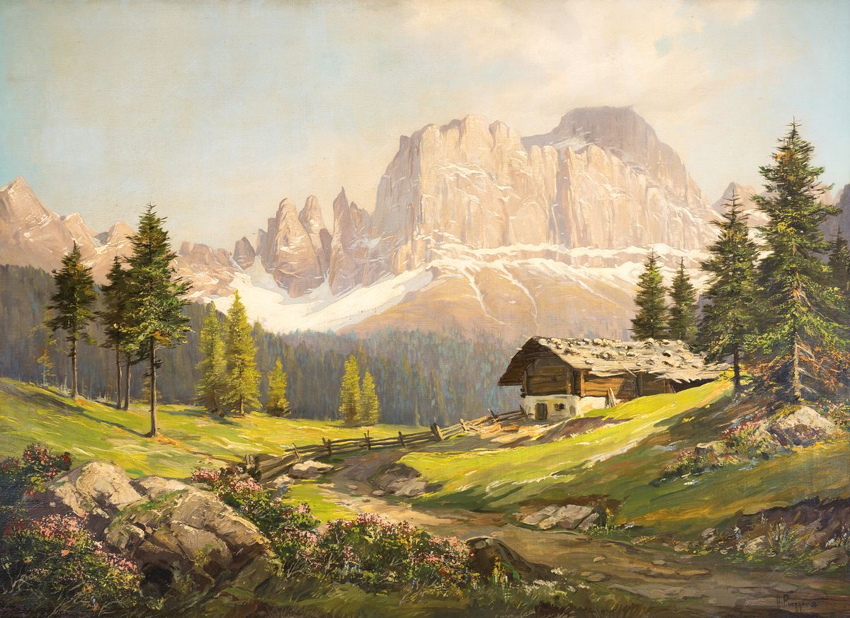 H. Pippers o.ä., Mitte 20.Jh., große Alpenlandschaft mit Blick auf den großen Rosengarten, rechts unten signiert, Öl/Lwd, 95x124 cm, min. rest., ...