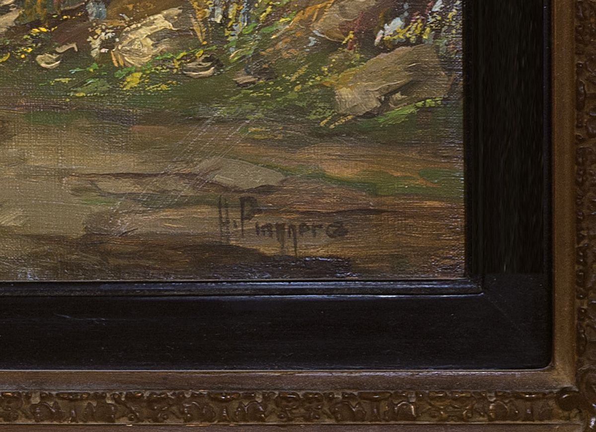 Detail a: H. Pippers o.ä., Mitte 20.Jh., große Alpenlandschaft mit Blick auf den großen Rosengarten, rechts unten signiert, Öl/Lwd, 95x124 cm, min. rest., ...
