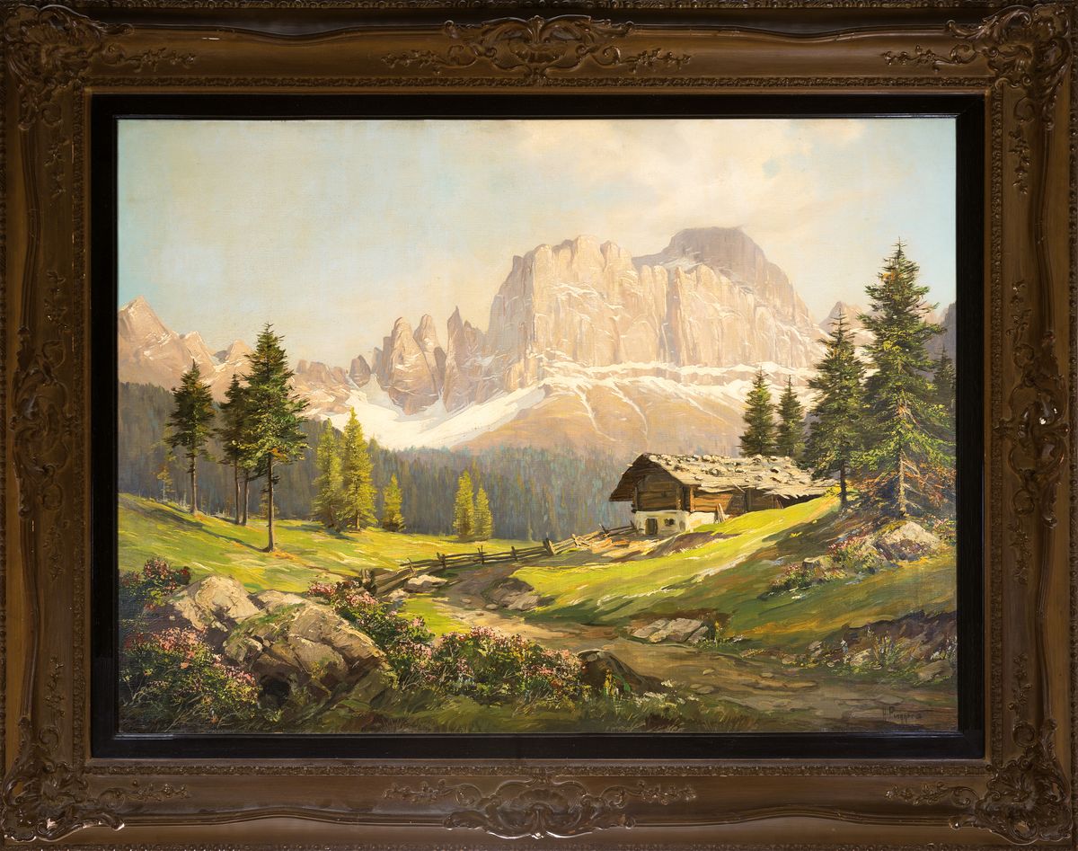 Detail k: H. Pippers o.ä., Mitte 20.Jh., große Alpenlandschaft mit Blick auf den großen Rosengarten, rechts unten signiert, Öl/Lwd, 95x124 cm, min. rest., ...