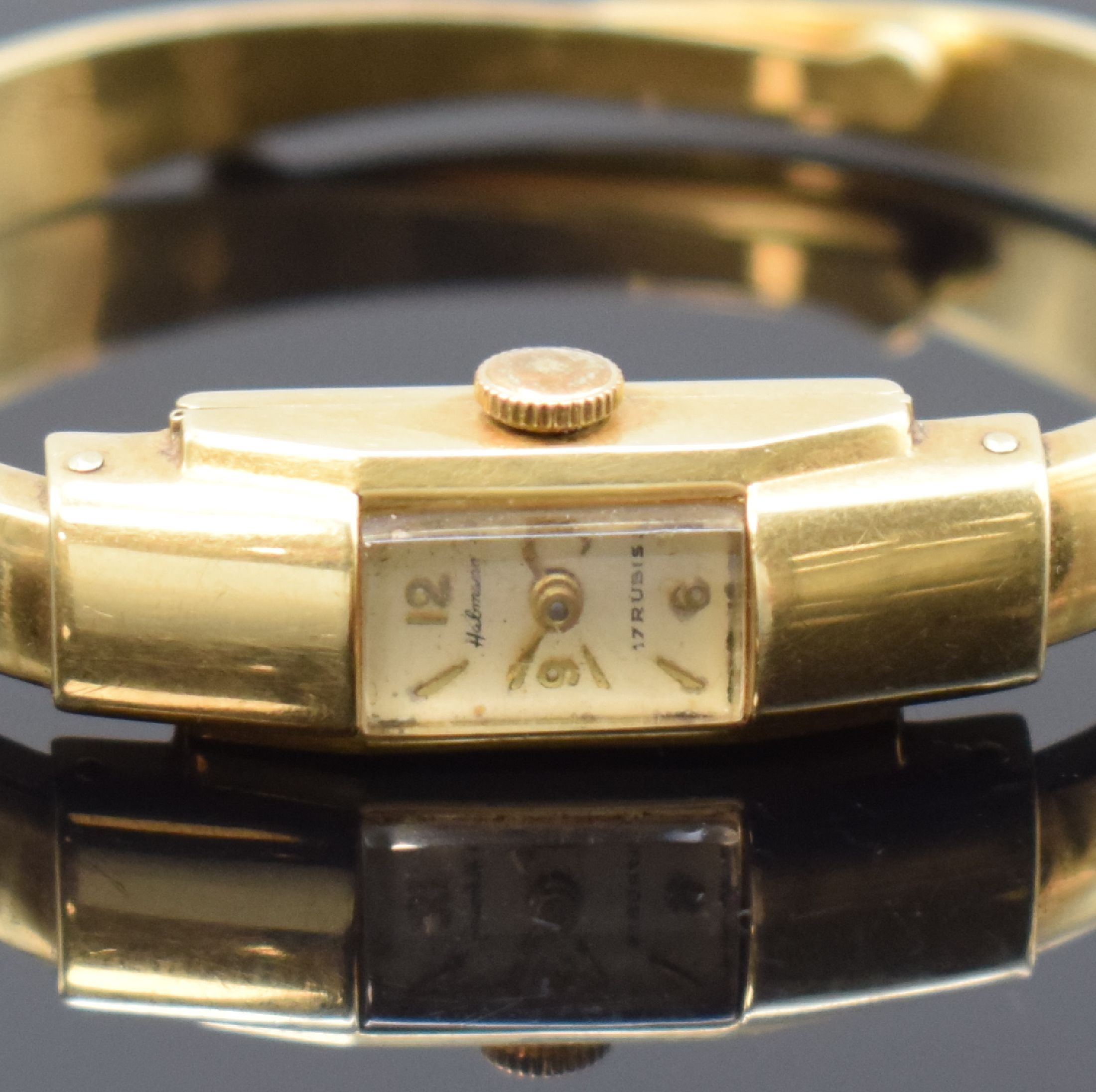 Detail a: HABMANN Damenspangenuhr in GG 585/000, Schweiz um 1940, Handaufzug, Boden aufgedr., silb. Zifferbl. pat./fl., gold. Ind. u. arab. Zahlen, gold. ...