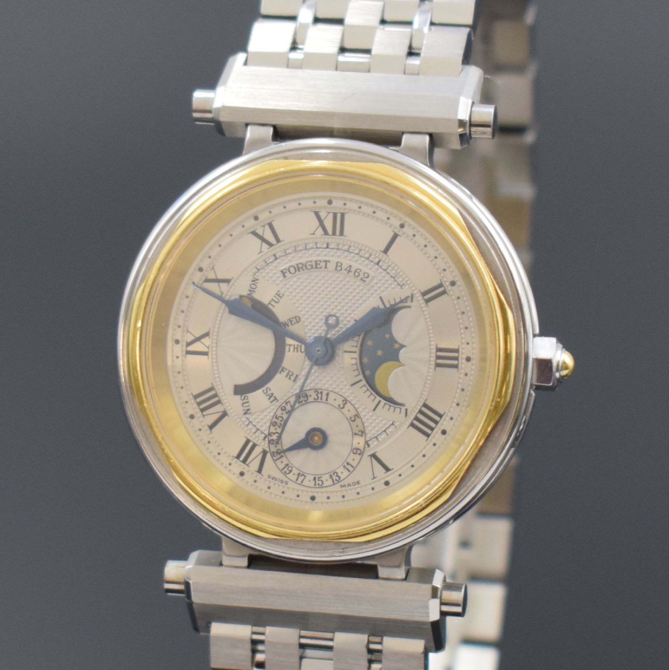 Detail a: FORGET Classic B Herrenarmbanduhr Chronometer mit Tag, Datum und Mondphase, Schweiz um 1990, Automatik, beids. vergl. Gehäuse in Edelstahl u. Gold ...