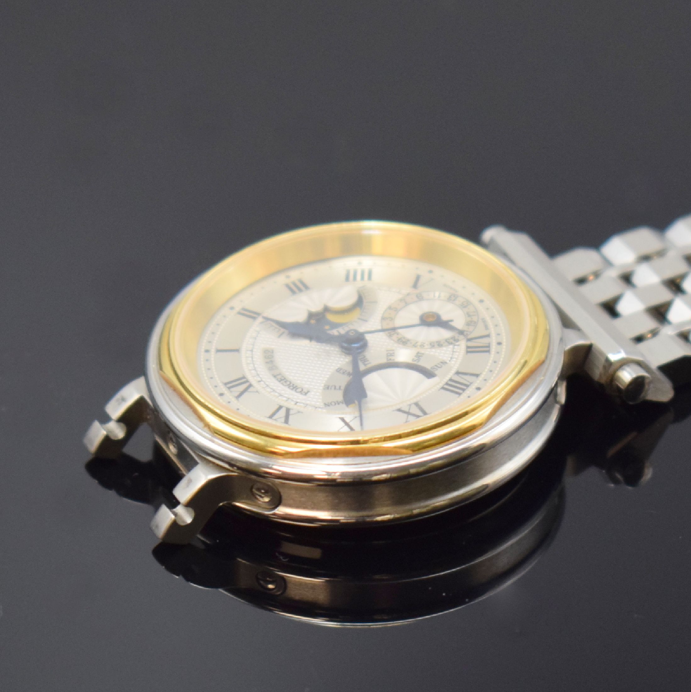 Detail d: FORGET Classic B Herrenarmbanduhr Chronometer mit Tag, Datum und Mondphase, Schweiz um 1990, Automatik, beids. vergl. Gehäuse in Edelstahl u. Gold ...