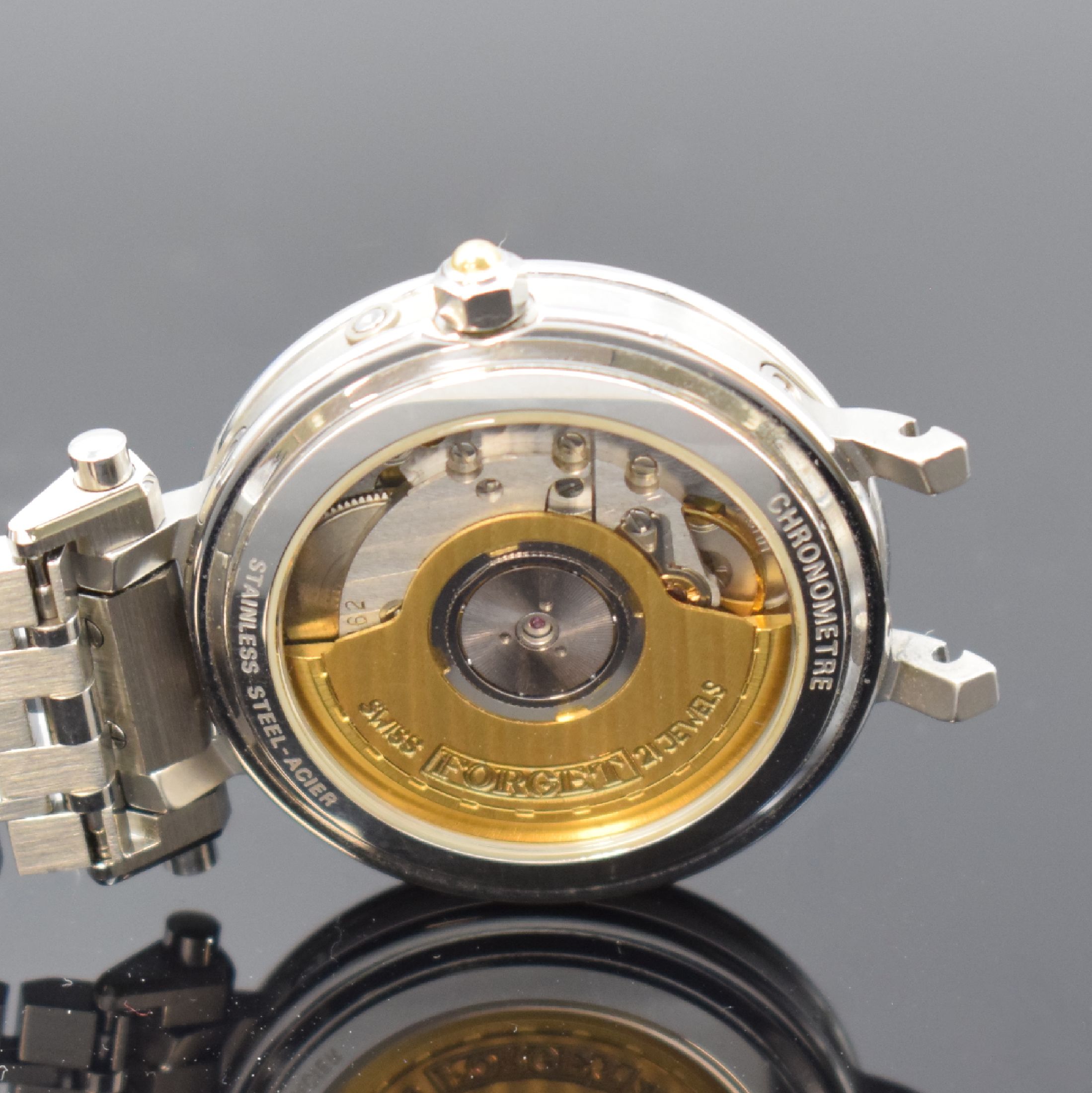 Detail e: FORGET Classic B Herrenarmbanduhr Chronometer mit Tag, Datum und Mondphase, Schweiz um 1990, Automatik, beids. vergl. Gehäuse in Edelstahl u. Gold ...