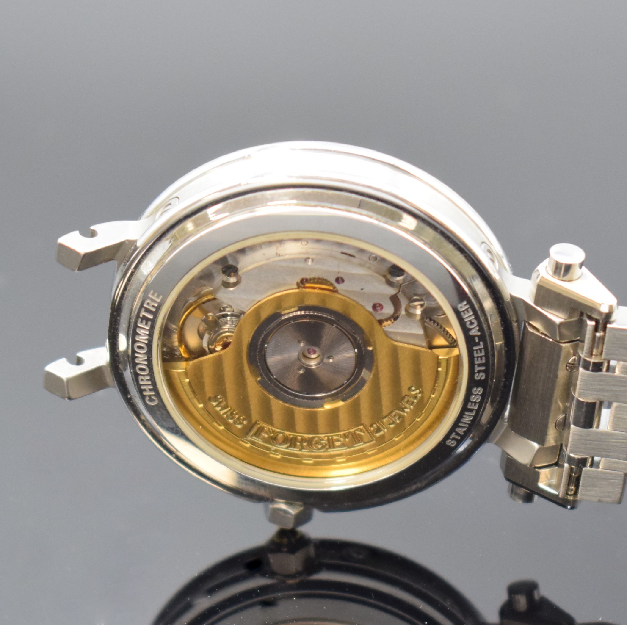 Detail f: FORGET Classic B Herrenarmbanduhr Chronometer mit Tag, Datum und Mondphase, Schweiz um 1990, Automatik, beids. vergl. Gehäuse in Edelstahl u. Gold ...
