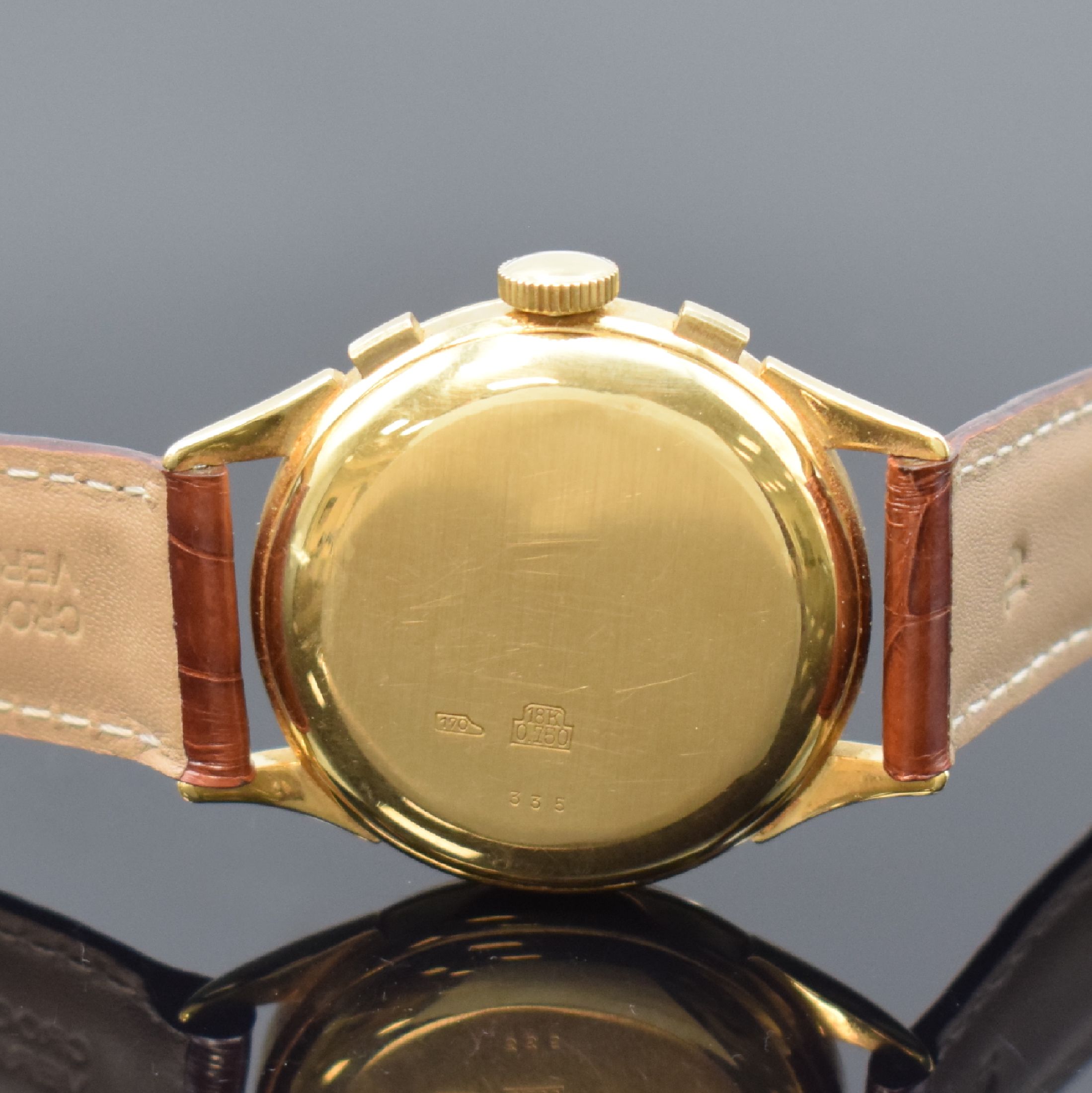 Detail c: MINERVA Schaltradchronograph in GG 750/000 mit Kaliber Valjoux 72, Schweiz um 1955, Handaufzug, 3-teil. Gehäuse, Boden u. Glasrand aufgedr., silb. ...