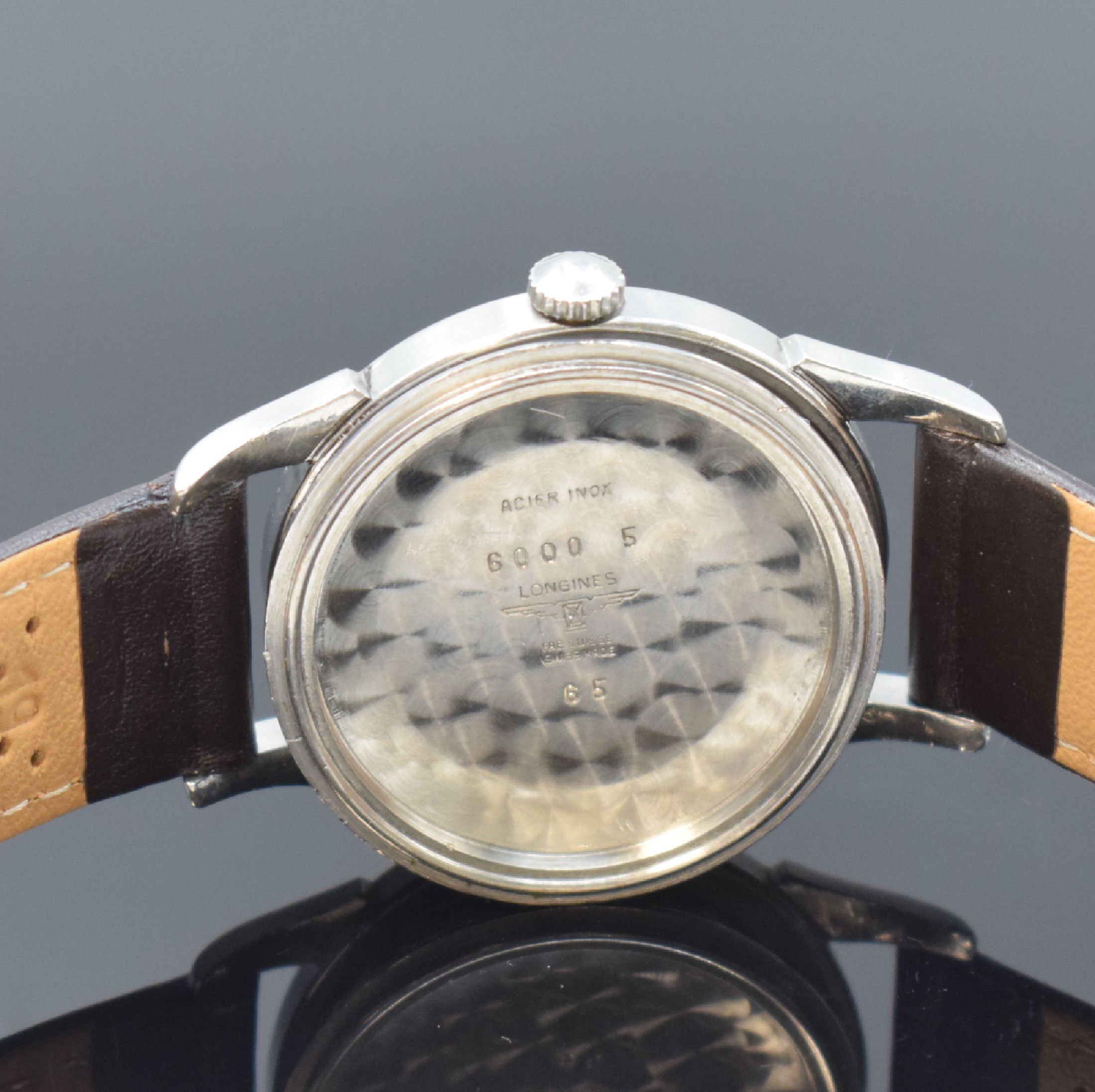 Detail f: LONGINES Herrenarmbanduhr in Stahl mit dem ersten in 1945 eingeführten Automatikwerk Kaliber 22A, Schweiz lt. Stammbuchauszug verk. 1952, Ref. 6000, ...