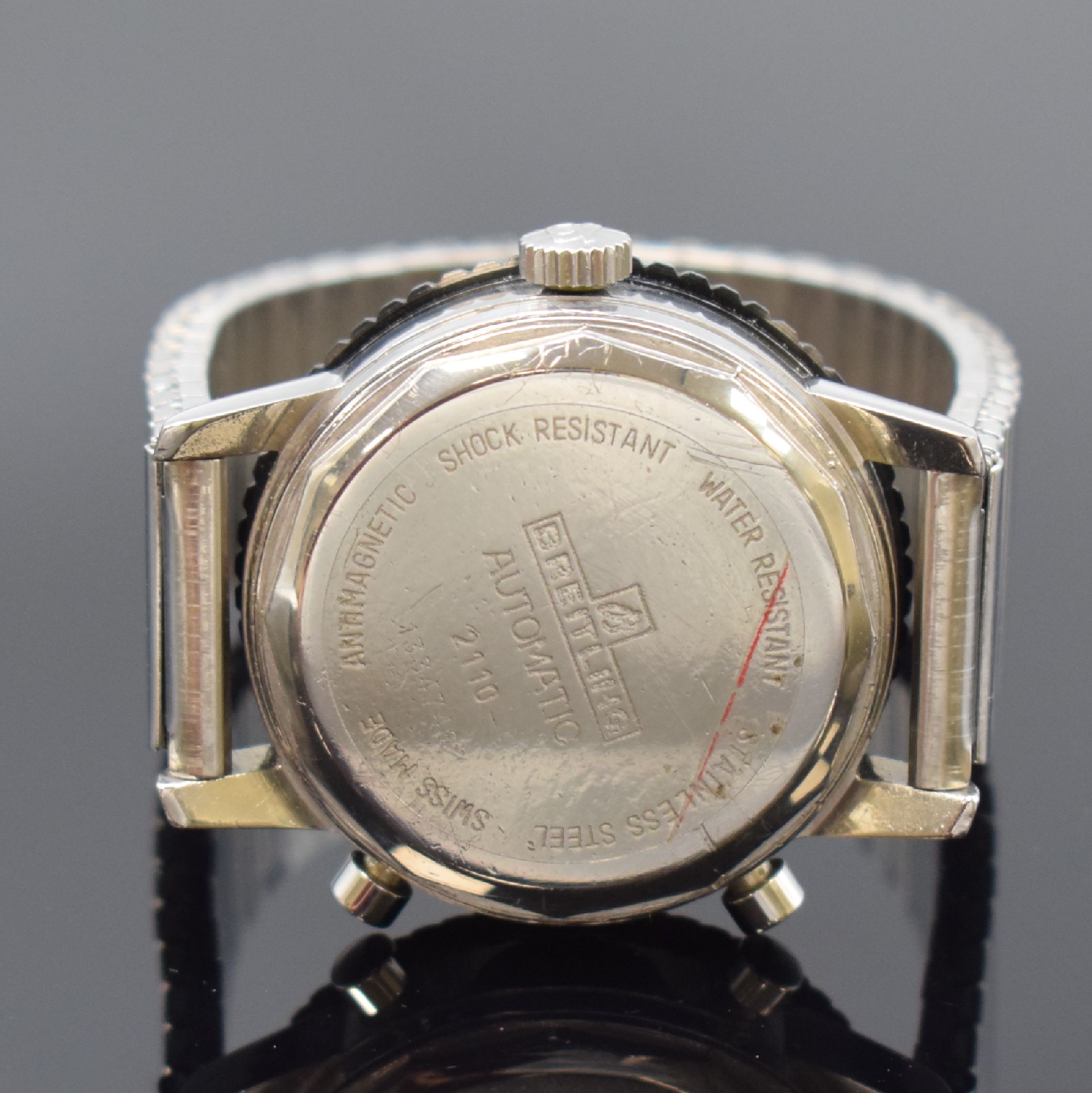 Detail d: BREITLING Chrono-Matic Referenz 2110 Armbanduhr mit Chronograph Kaliber 15, Schweiz um 1969, Automatik, Stahlgeh. m. geschr. Boden, beids. drehb. ...