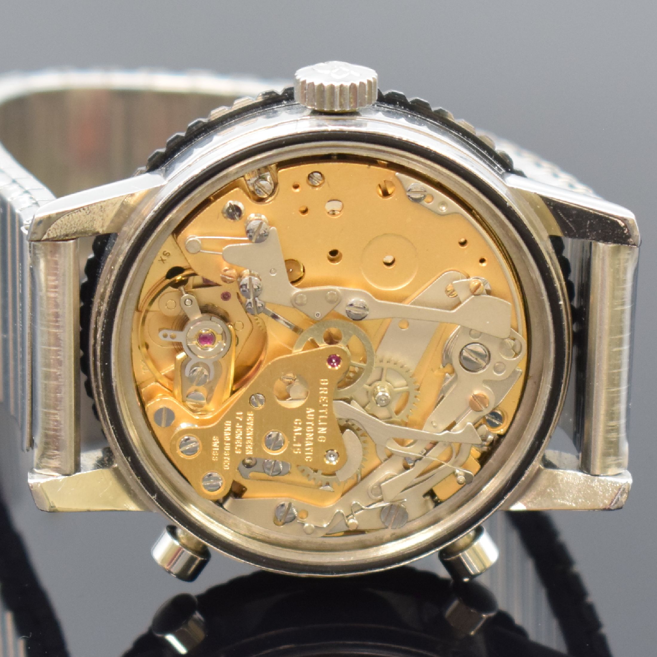 Detail e: BREITLING Chrono-Matic Referenz 2110 Armbanduhr mit Chronograph Kaliber 15, Schweiz um 1969, Automatik, Stahlgeh. m. geschr. Boden, beids. drehb. ...